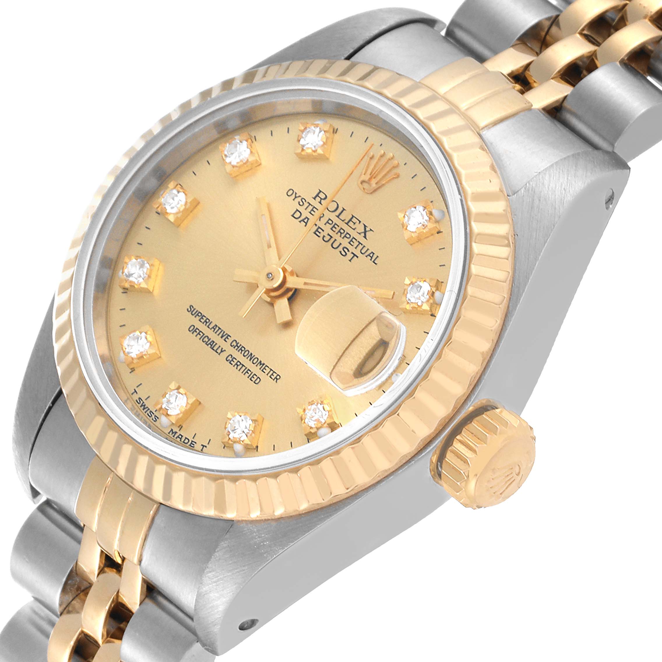The Rolex Datejust 69173 Women's Steel and Gold (two tone) Champagne Dial 69173 Women's Steel and Gold (two tone) Champagne Dial watch is shown at an oblique angle, highlighting the gold dial, diamond hour markers, fluted bezel, and Jubilee bracelet.