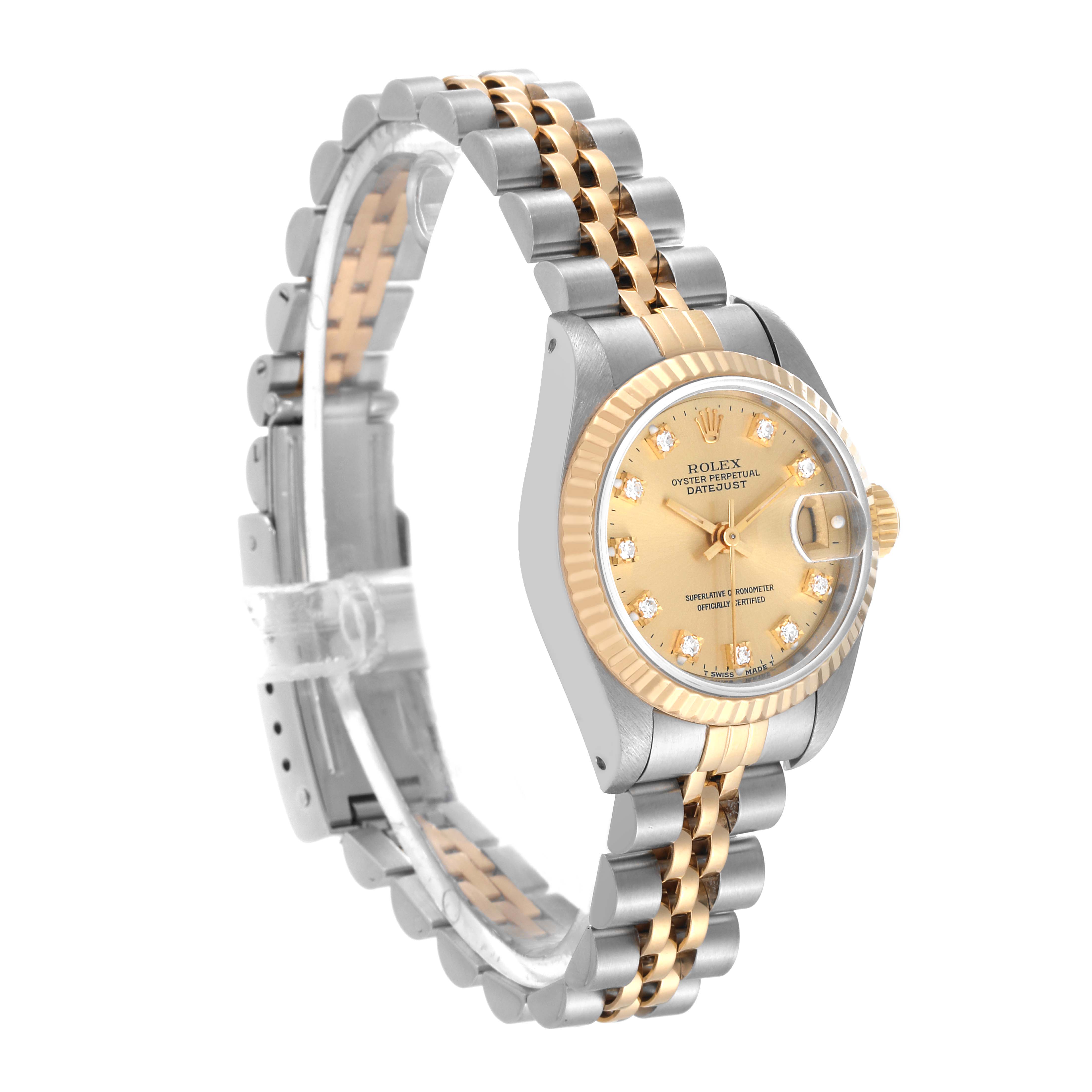 The image shows a side angle view of the Rolex Datejust 69173 Women's Steel and Gold (two tone) Champagne Dial 69173 Women's Steel and Gold (two tone) Champagne Dial watch, highlighting its dial, bezel, and bracelet.
