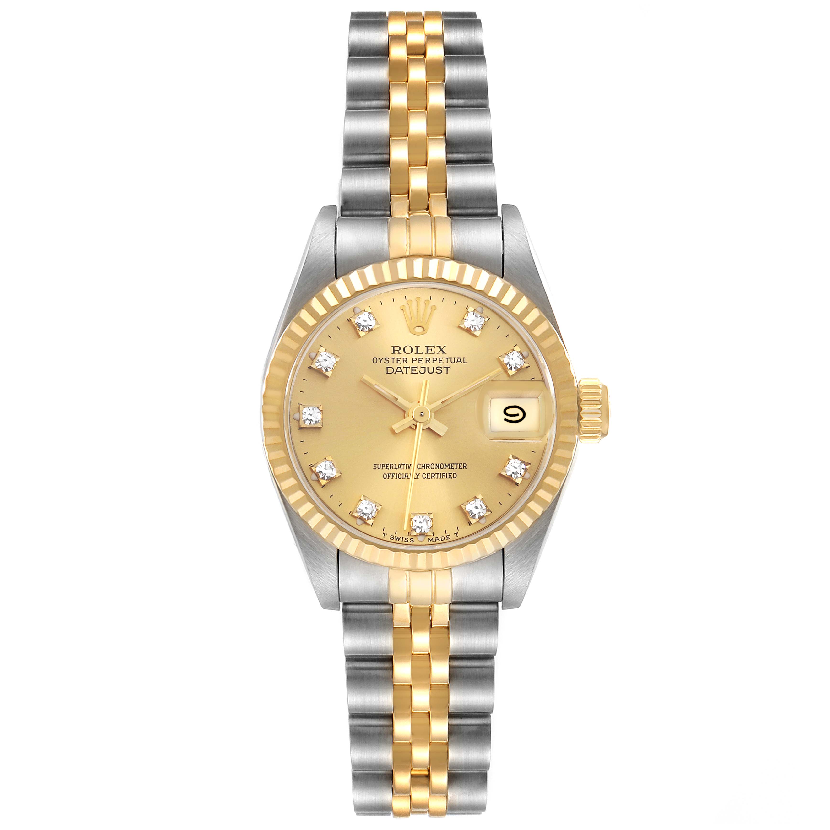 The image shows a frontal view of a Rolex Datejust 69173 Women's Steel and Gold (two tone) Champagne Dial 69173 Women's Steel and Gold (two tone) Champagne Dial watch, displaying its dial, bezel, and two-tone bracelet.