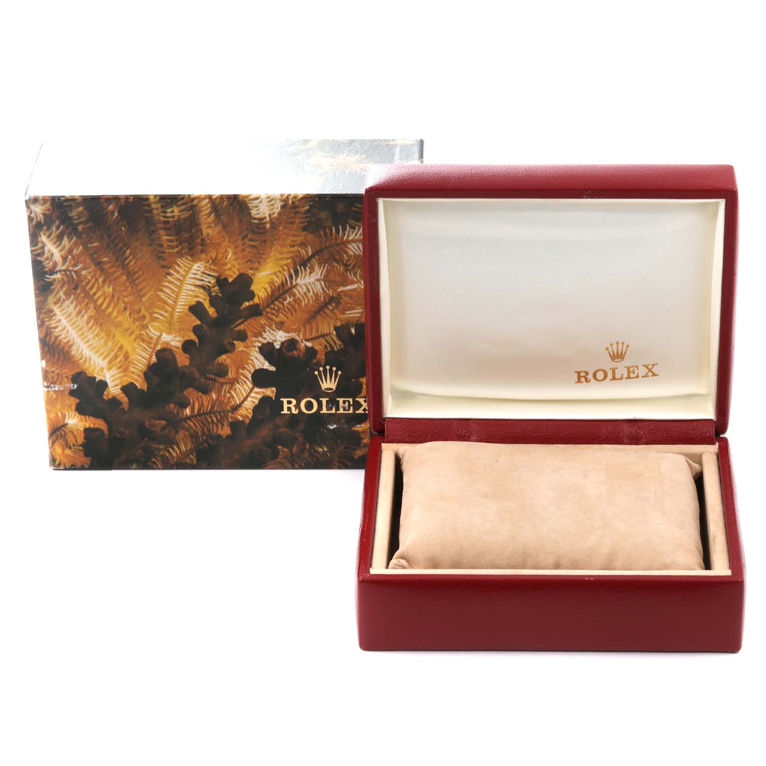 The image shows a Rolex Datejust 69173 Women's Steel and Gold (two tone) Champagne Dial 69173 Women's Steel and Gold (two tone) Champagne Dial watch box and outer packaging, with the box open revealing a cushion inside.