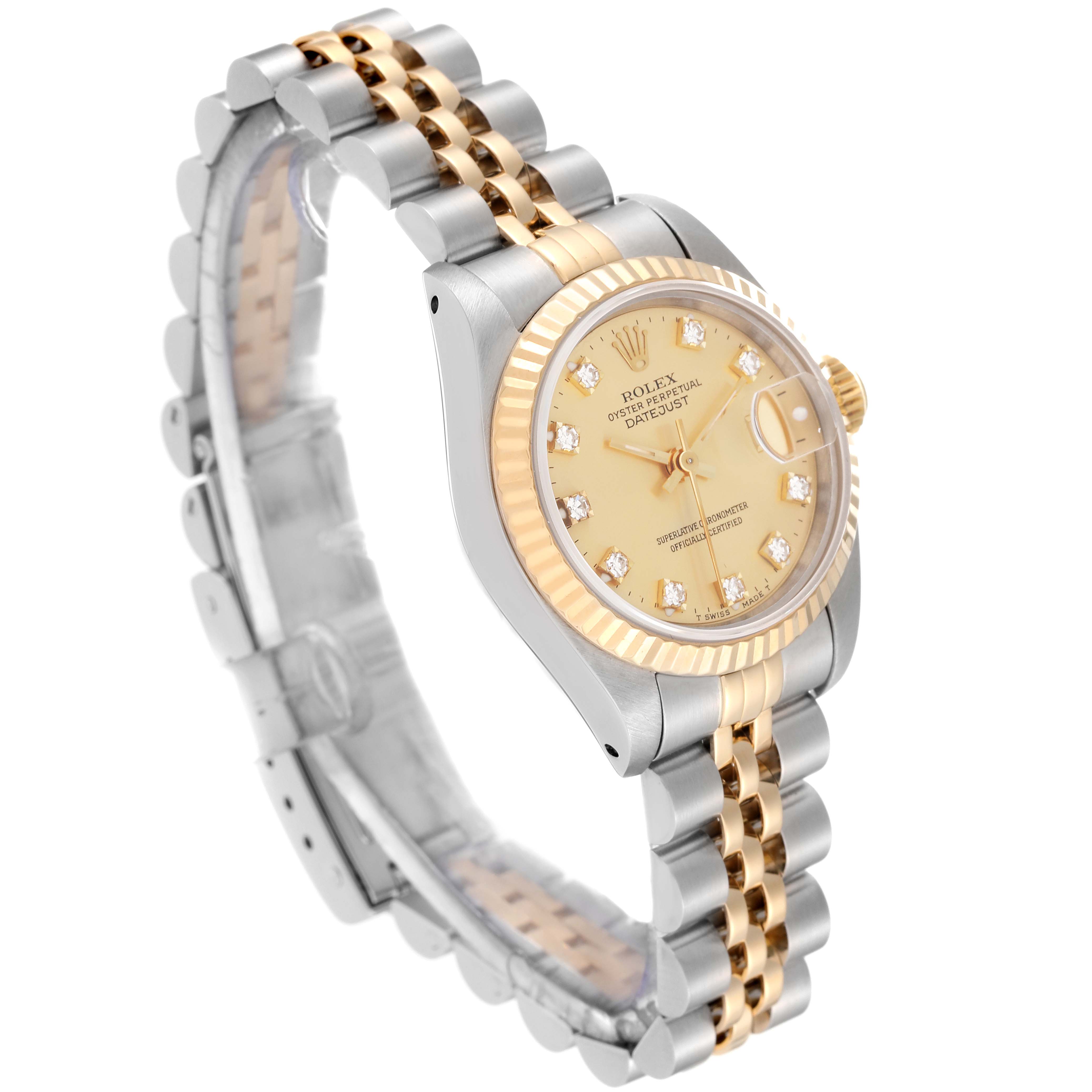 This image shows a side view of a Rolex Datejust 69173 Women's Steel and Gold (two tone) Champagne Dial 69173 Women's Steel and Gold (two tone) Champagne Dial watch, highlighting the gold fluted bezel, champagne dial, and two-tone jubilee bracelet.