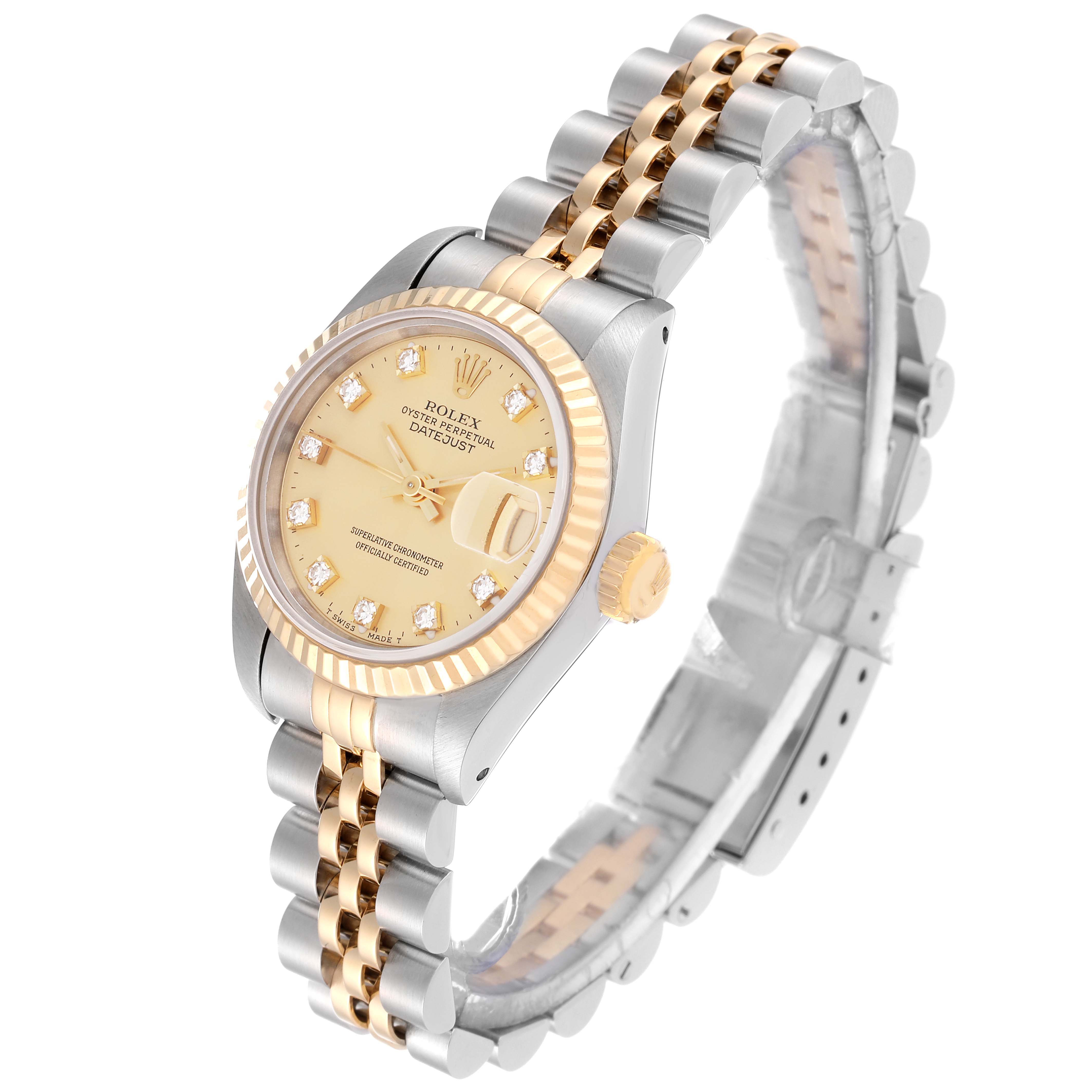 The Rolex Datejust 69173 Women's Steel and Gold (two tone) Champagne Dial 69173 Women's Steel and Gold (two tone) Champagne Dial watch is shown at a three-quarter angle, displaying the dial, fluted bezel, crown, and Jubilee bracelet.