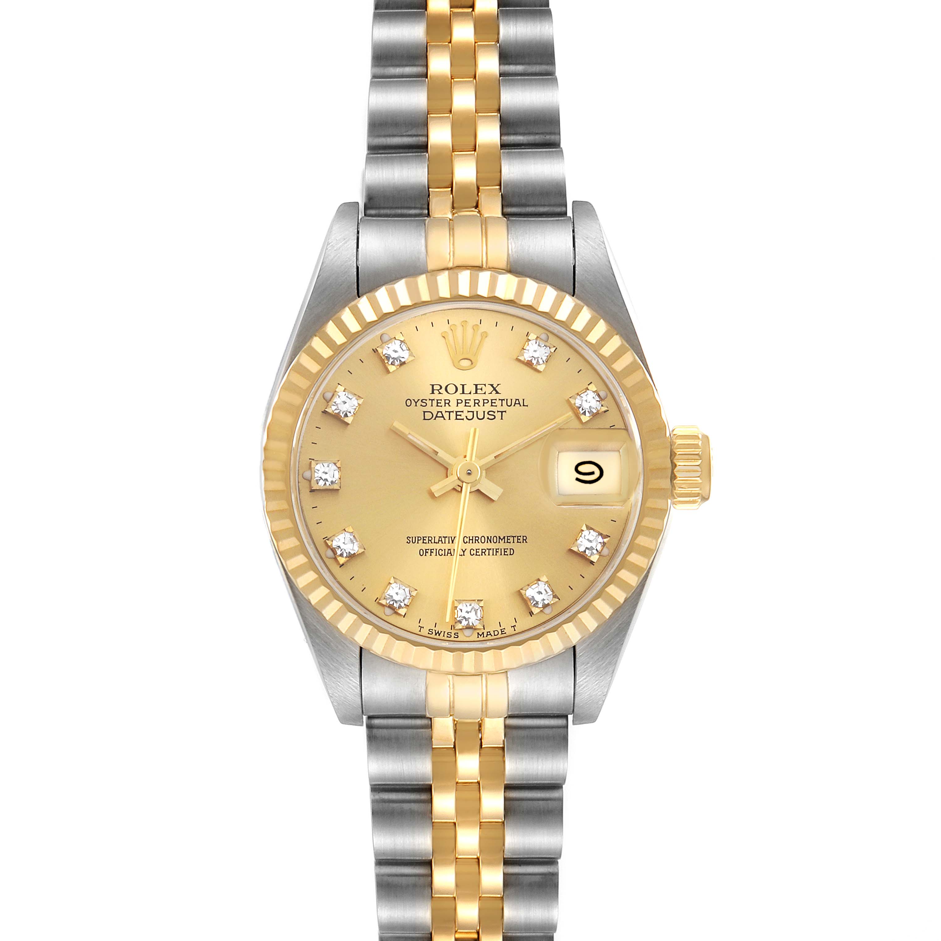 This is a front view of a Rolex Datejust 69173 Women's Steel and Gold (two tone) Champagne Dial 69173 Women's Steel and Gold (two tone) Champagne Dial watch, showing its gold dial, diamond hour markers, and two-tone band.