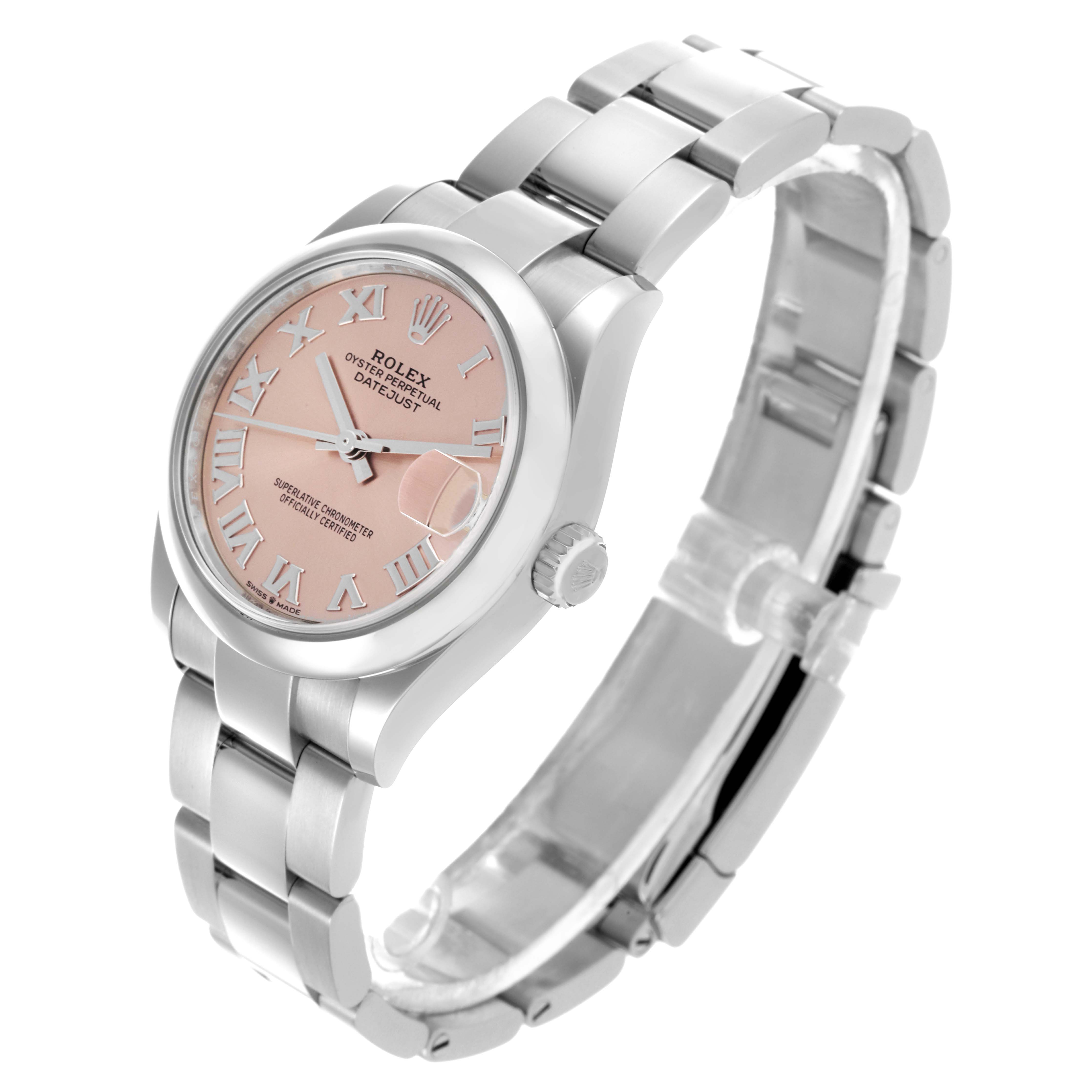 The Rolex Mid-Size 278240 Women's Stainless Steel Pink Dial 278240 Women's Stainless Steel Pink Dial model watch is shown at a three-quarter angle, featuring the pink dial, Roman numerals, and metal bracelet.