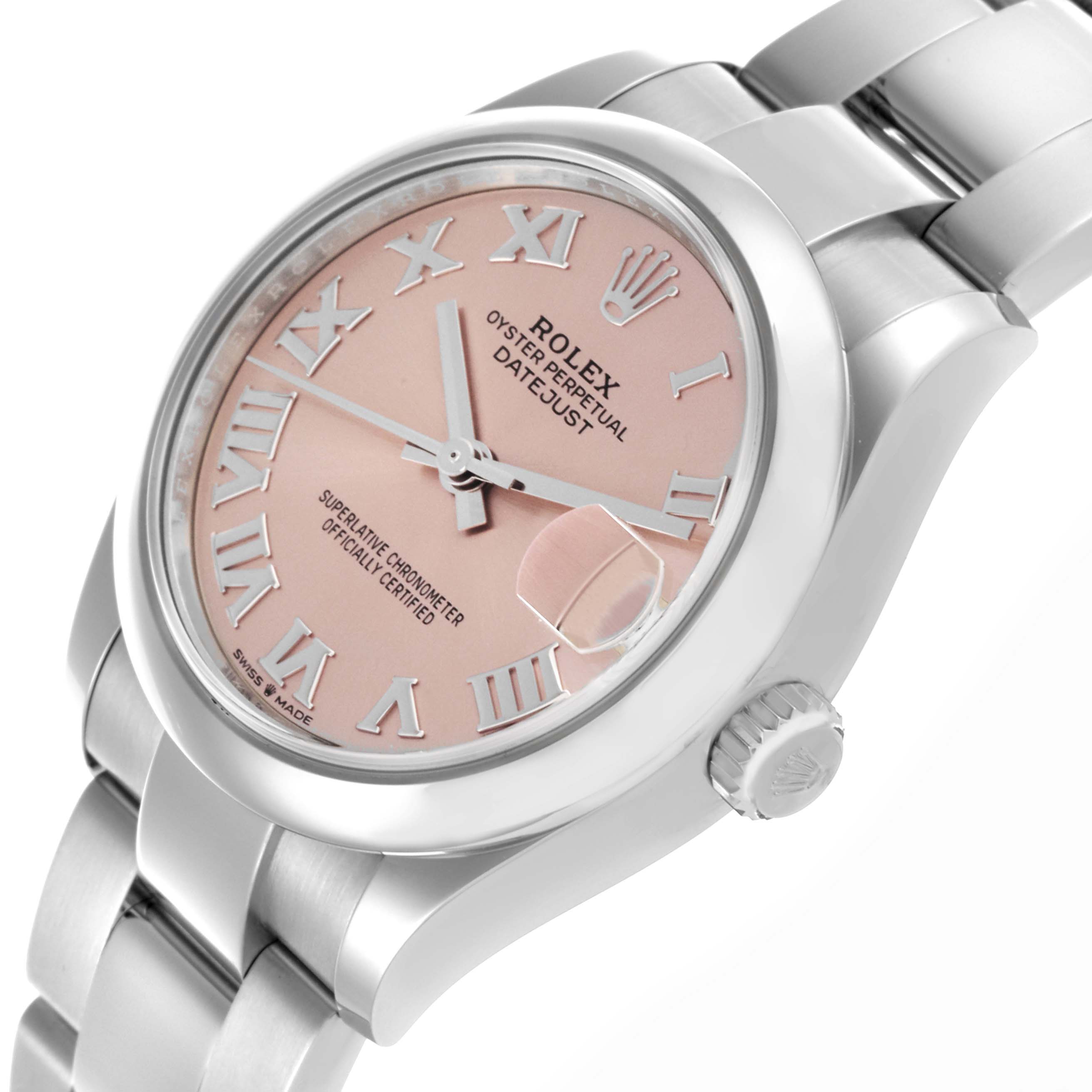 The Rolex Mid-Size 278240 Women's Stainless Steel Pink Dial 278240 Women's Stainless Steel Pink Dial watch is shown from a side angle, highlighting the dial, bezel, crown, and bracelet.
