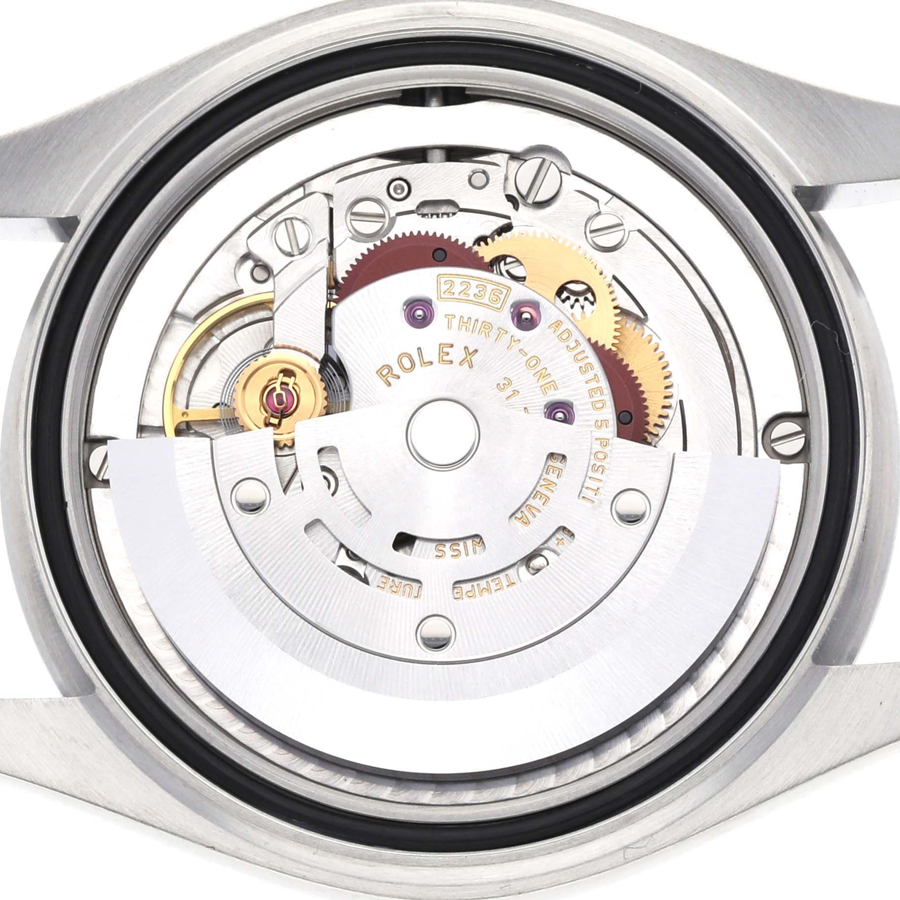 The image shows the back view of the watch case of a Rolex Mid-Size 278240 Women's Stainless Steel Pink Dial 278240 Women's Stainless Steel Pink Dial model, highlighting its internal movement components.