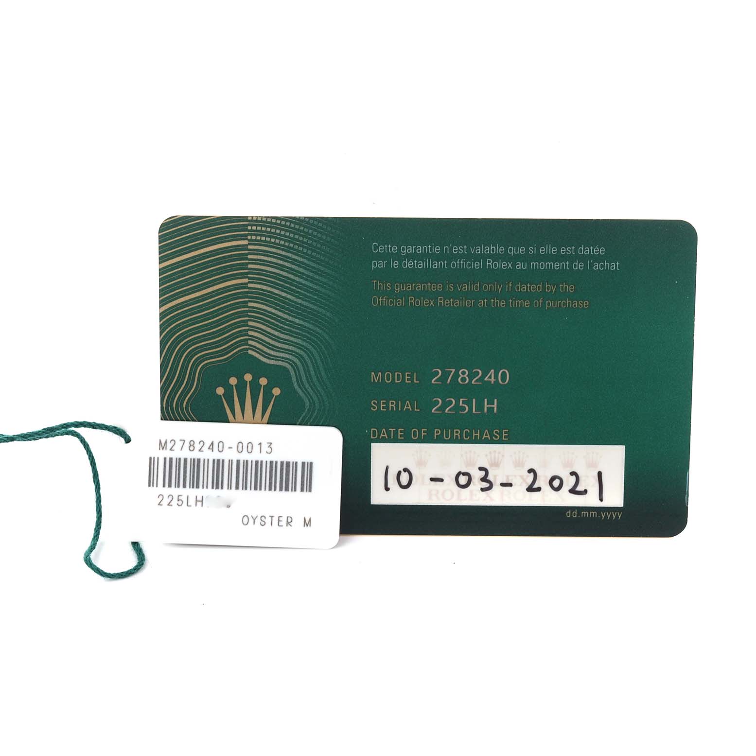 The image shows a Rolex Mid-Size 278240 Women's Stainless Steel Pink Dial 278240 Women's Stainless Steel Pink Dial model warranty card with model and serial numbers.