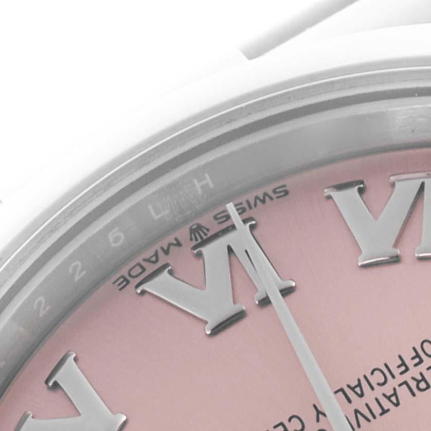 The image shows a close-up of the Rolex Mid-Size 278240 Women's Stainless Steel Pink Dial 278240 Women's Stainless Steel Pink Dial watch dial, focusing on the Roman numerals and the "Swiss Made" text.