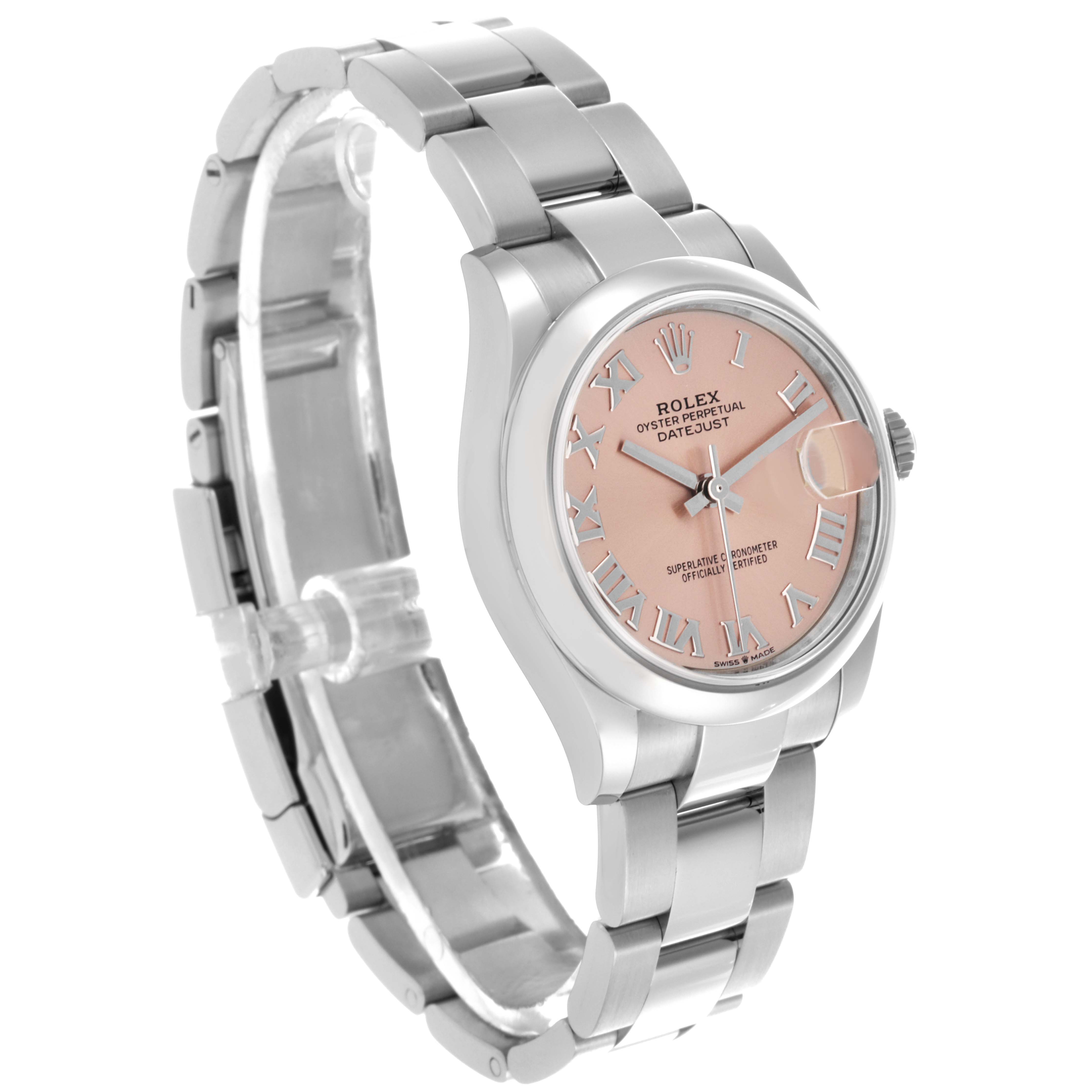 The Rolex Mid-Size 278240 Women's Stainless Steel Pink Dial 278240 Women's Stainless Steel Pink Dial watch is shown at a three-quarter angle, displaying the face, bracelet, and side profile.