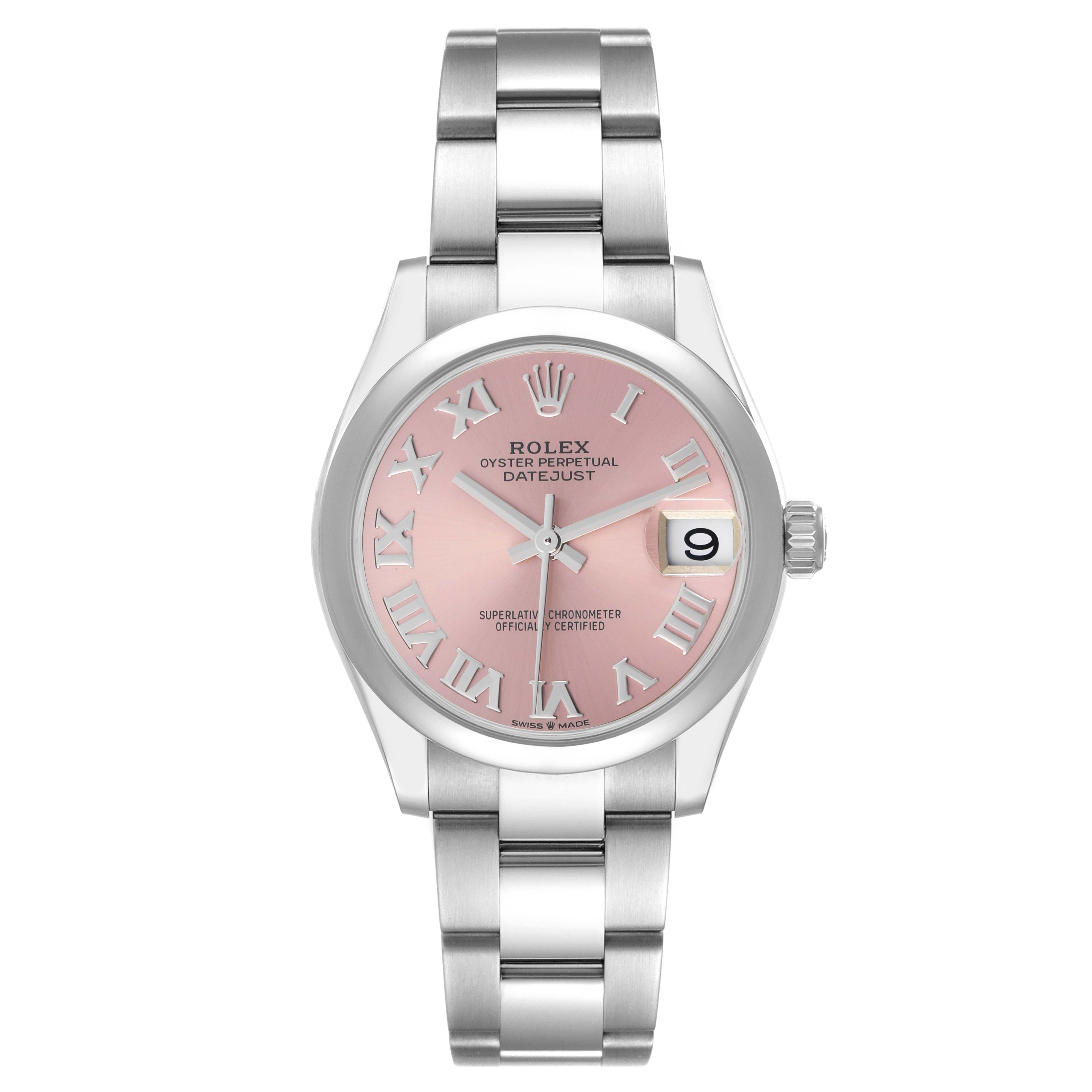 The Rolex Mid-Size 278240 Women's Stainless Steel Pink Dial 278240 Women's Stainless Steel Pink Dial watch is shown from a top-down angle, displaying the pink dial, Roman numerals, and metal bracelet.