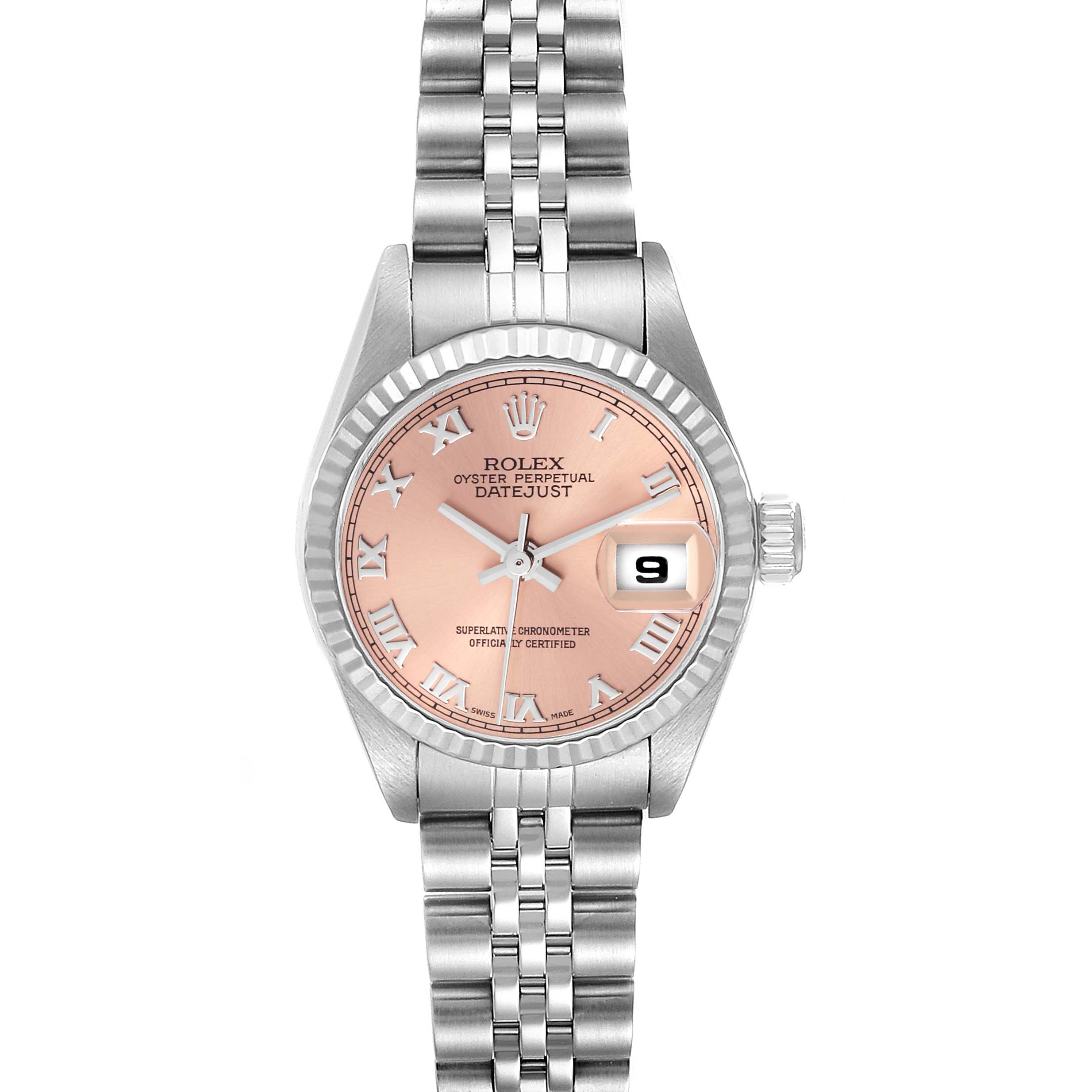 The Rolex Datejust 79174 Women's Stainless Steel Pink Dial 79174 Women's Stainless Steel Pink Dial watch is shown from a front angle, displaying the dial, bezel, and bracelet clearly.