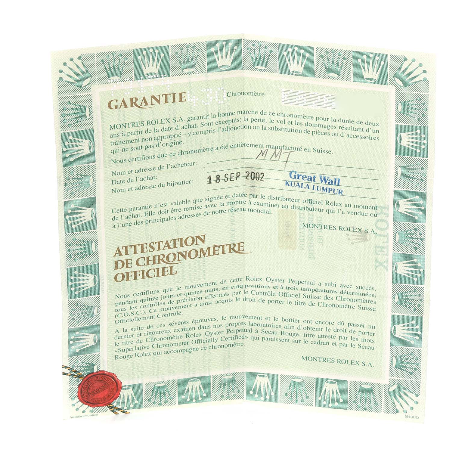 The image shows a warranty certificate for a Rolex Datejust 79174 Women's Stainless Steel Pink Dial 79174 Women's Stainless Steel Pink Dial, featuring text and logos.