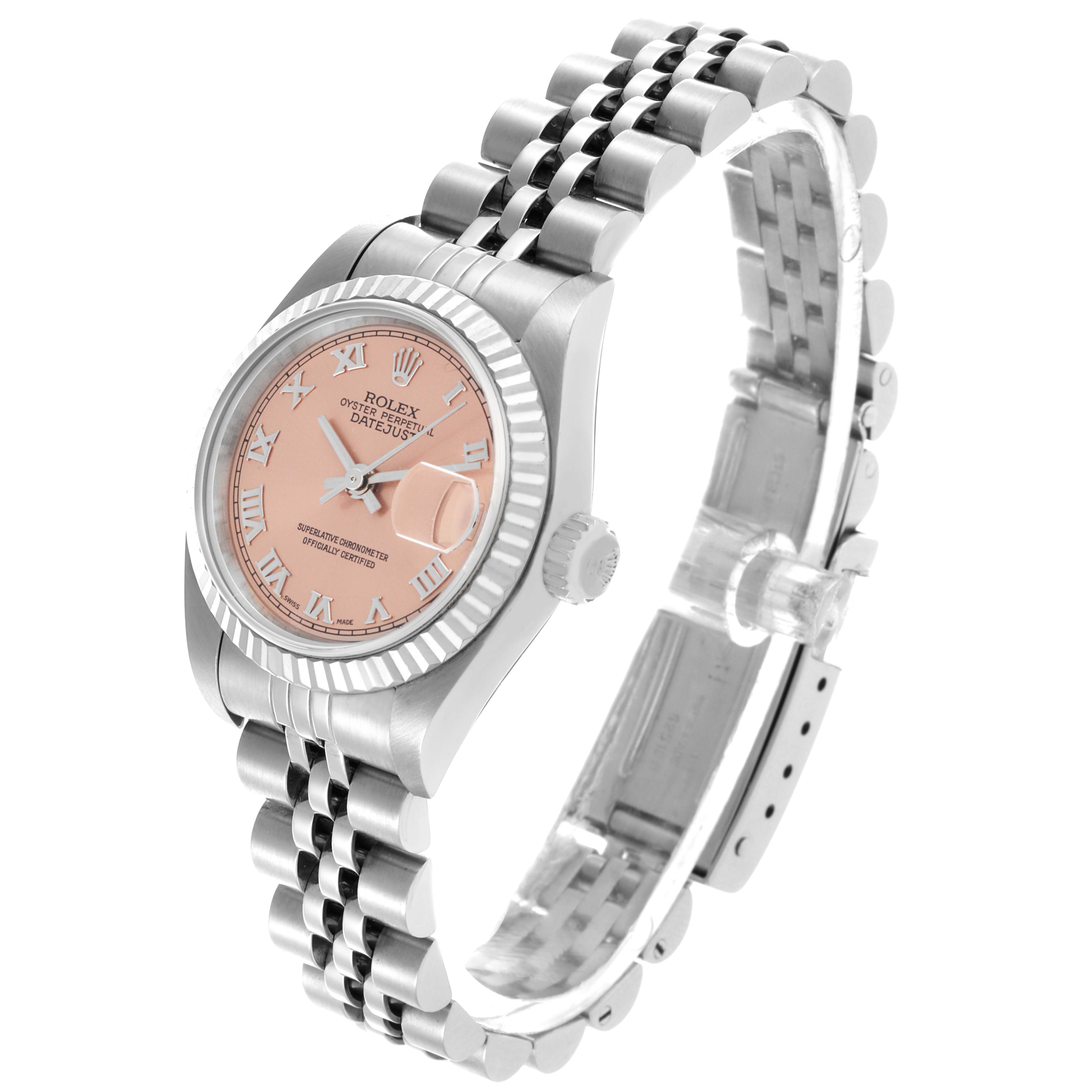 The Rolex Datejust 79174 Women's Stainless Steel Pink Dial 79174 Women's Stainless Steel Pink Dial watch is shown at a three-quarter angle, highlighting the dial, bezel, crown, and bracelet.