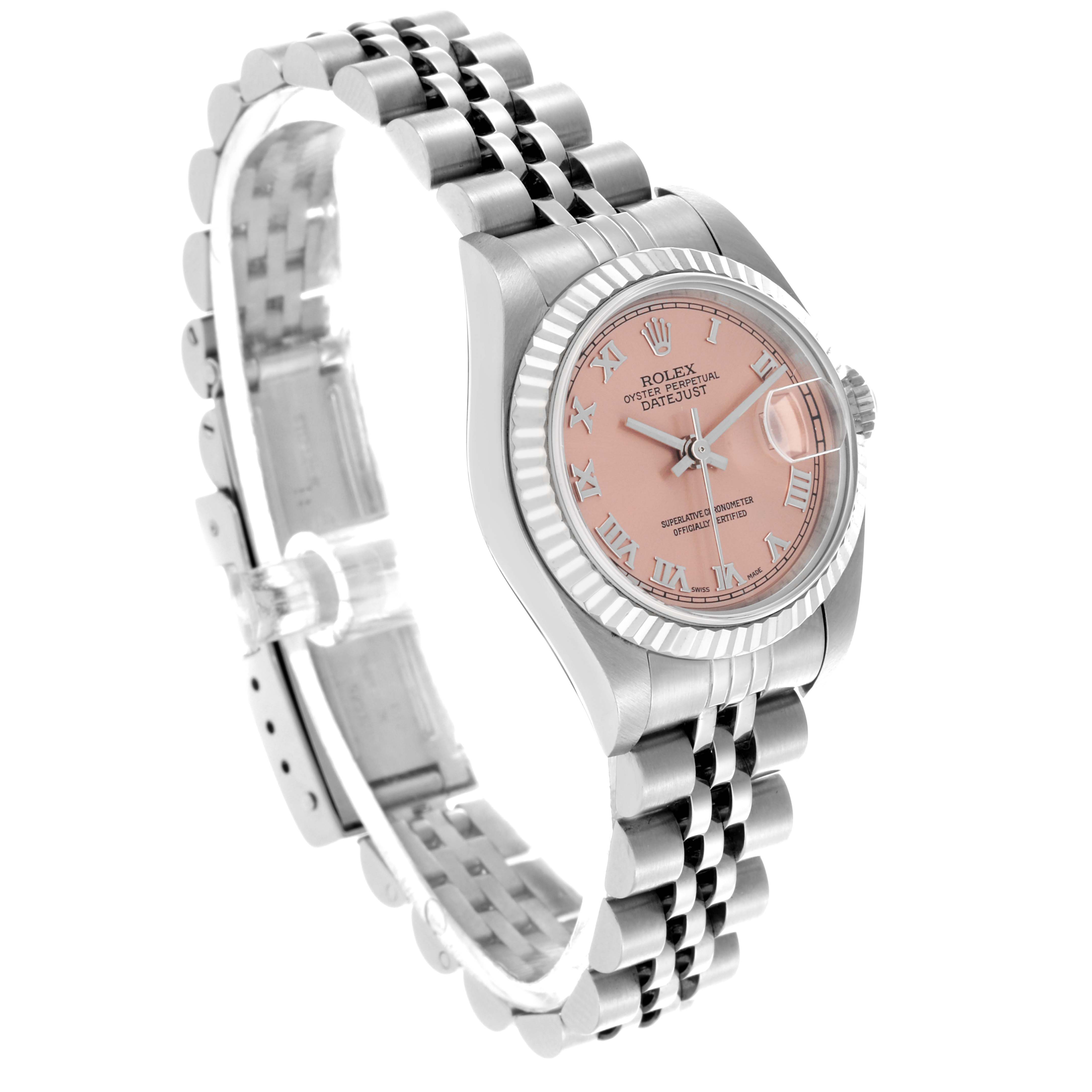 The Rolex Datejust 79174 Women's Stainless Steel Pink Dial 79174 Women's Stainless Steel Pink Dial watch is shown at an angled view, highlighting the pink dial, stainless steel bracelet, and fluted bezel.