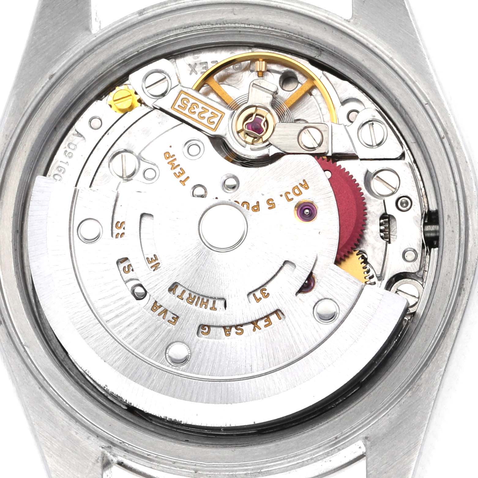 The image shows the back of a Rolex Datejust 79174 Women's Stainless Steel Pink Dial 79174 Women's Stainless Steel Pink Dial, highlighting its internal movement mechanism.