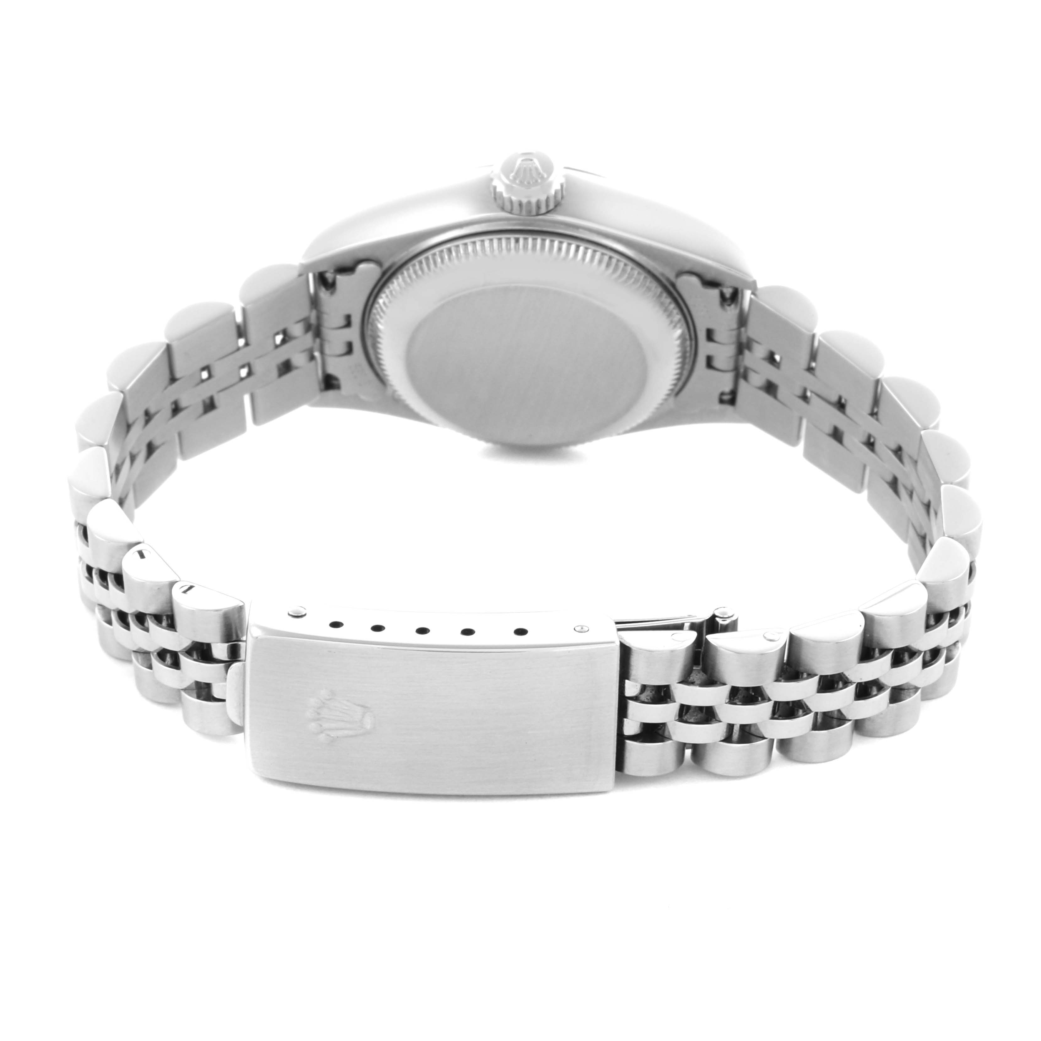 The image shows the back case, crown, and Jubilee bracelet of a Rolex Datejust 79174 Women's Stainless Steel Pink Dial 79174 Women's Stainless Steel Pink Dial watch from a rear angle.