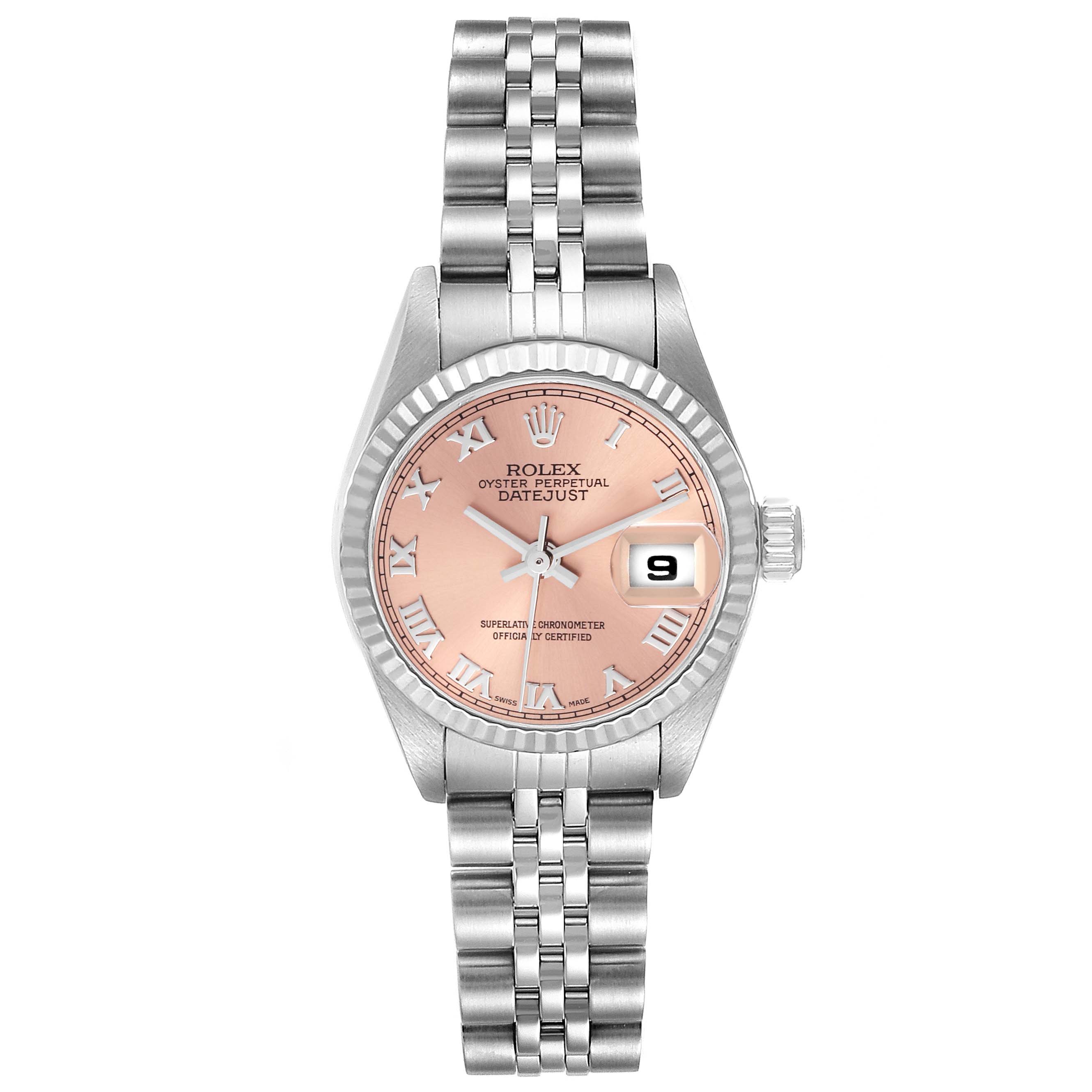 The Rolex Datejust 79174 Women's Stainless Steel Pink Dial 79174 Women's Stainless Steel Pink Dial watch is shown from a front view, displaying the dial, bezel, bracelet, and date function.