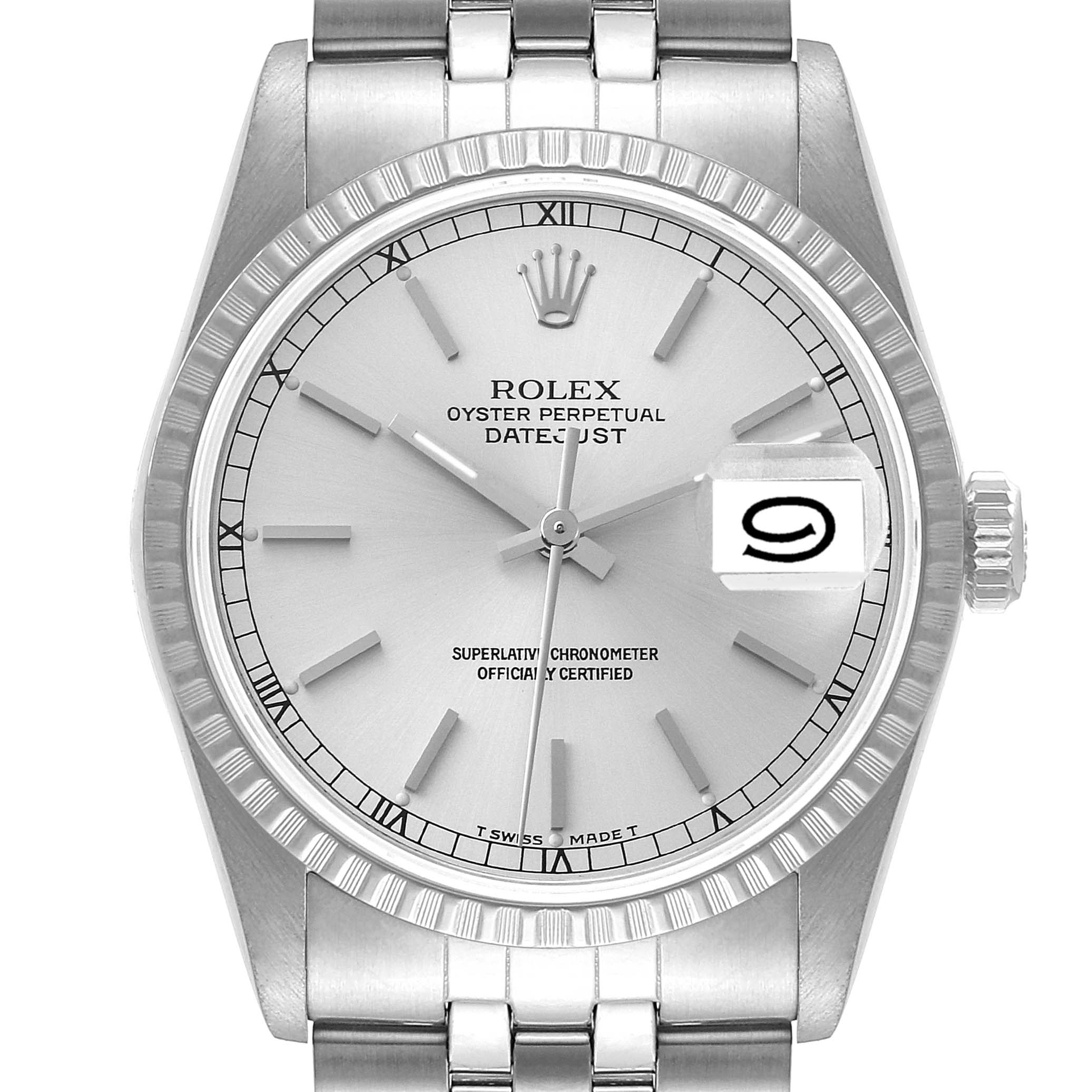 This image shows a front view of the Rolex Datejust 16220 Men's Stainless Steel Silver Dial 16220 Men's Stainless Steel Silver Dial dial, bezel, crown, and a portion of the bracelet.