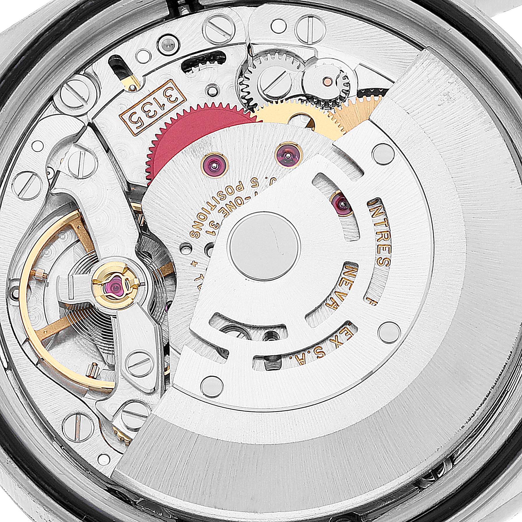 This is a close-up of the interior mechanism and movement parts of a Rolex Datejust 16220 Men's Stainless Steel Silver Dial 16220 Men's Stainless Steel Silver Dial watch.
