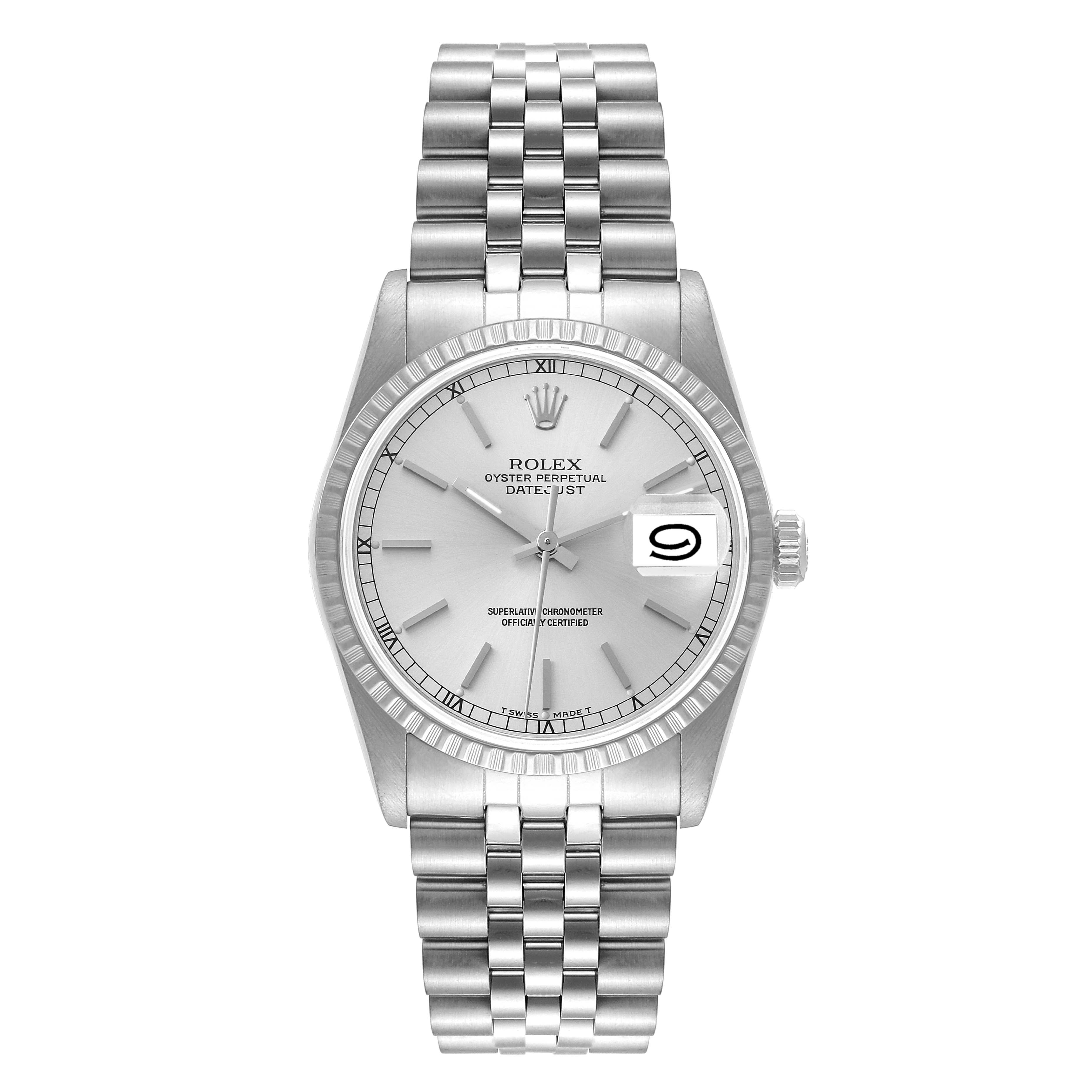 The image shows a front view of the Rolex Datejust 16220 Men's Stainless Steel Silver Dial 16220 Men's Stainless Steel Silver Dial watch, displaying its dial, bezel, and bracelet.