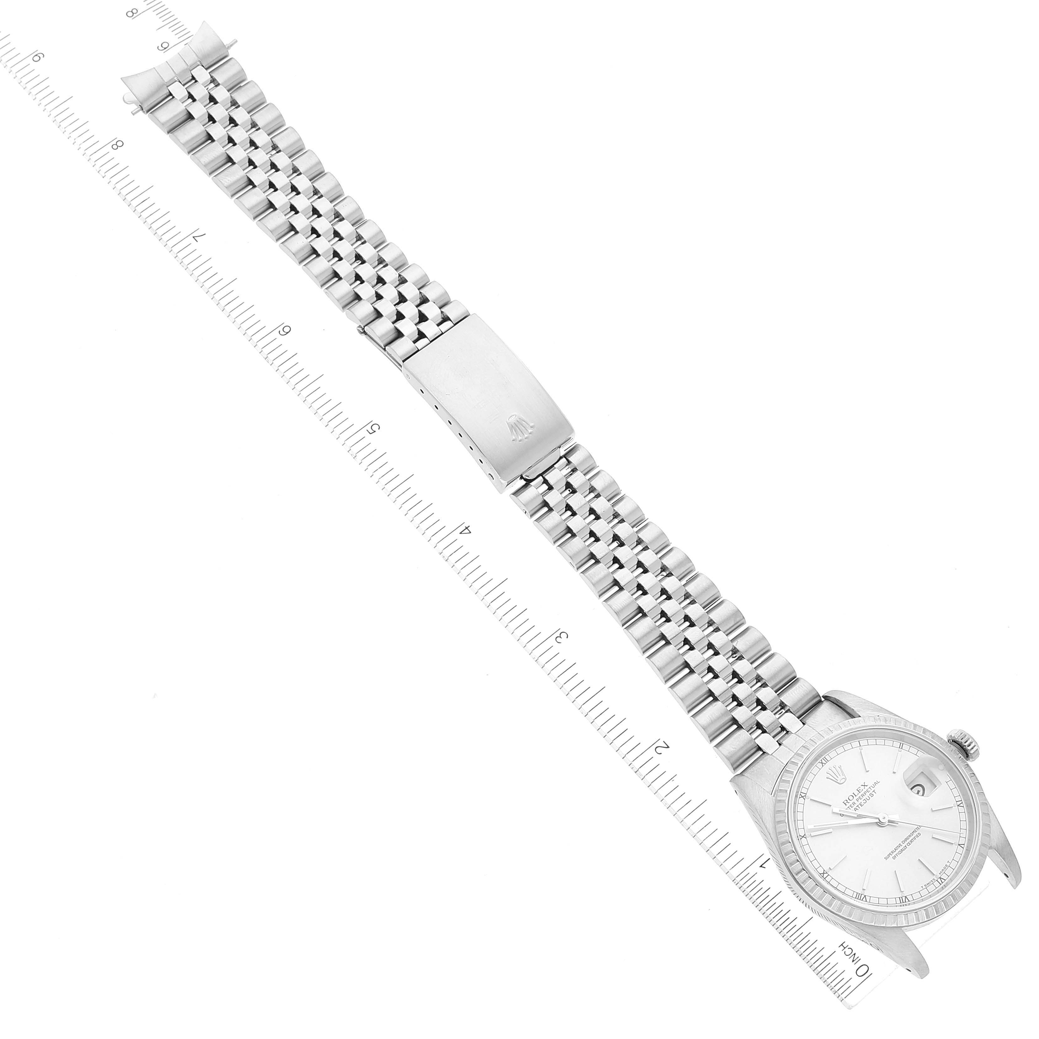 The image shows the entire Rolex Datejust 16220 Men's Stainless Steel Silver Dial 16220 Men's Stainless Steel Silver Dial watch diagonally, with the bracelet, clasp, and face visible.