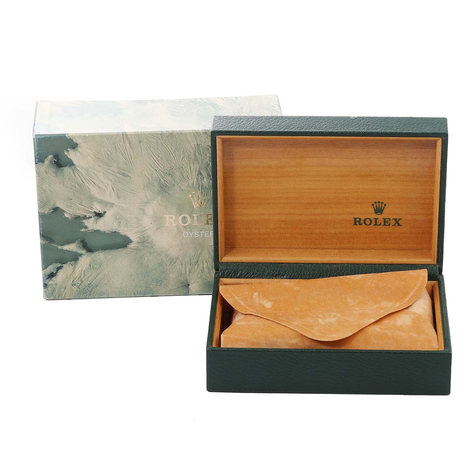 The image shows an open green Rolex watch box with a Datejust model cushion inside, along with the outer protective box.