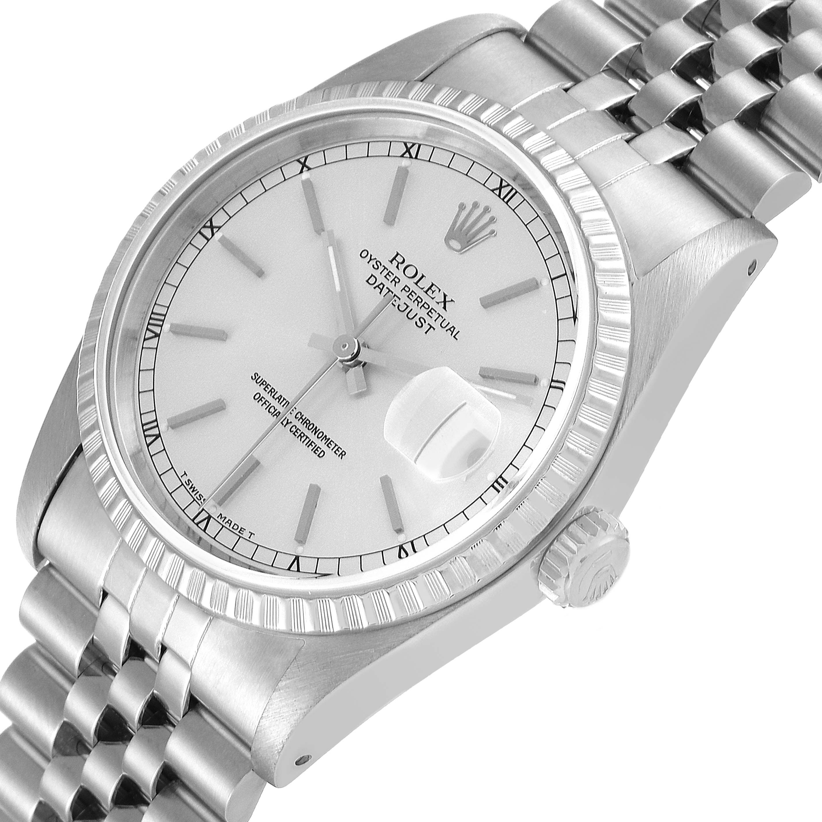 The image shows a Rolex Datejust 16220 Men's Stainless Steel Silver Dial 16220 Men's Stainless Steel Silver Dial watch at a slight angle, highlighting the face, bezel, bracelet, and crown.