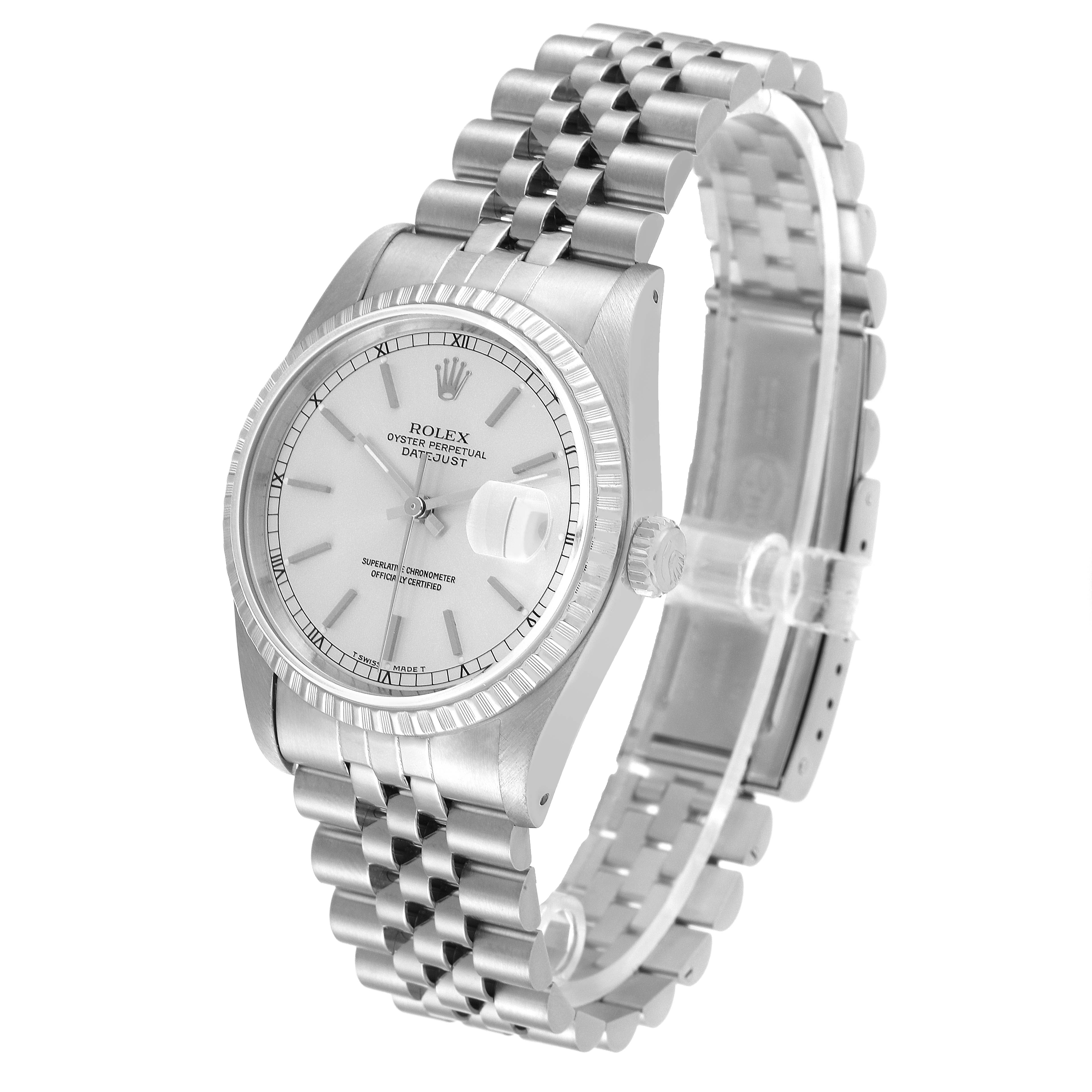 This image shows a silver Rolex Datejust 16220 Men's Stainless Steel Silver Dial 16220 Men's Stainless Steel Silver Dial model watch at a three-quarter angle, highlighting the face, bracelet, and clasp.