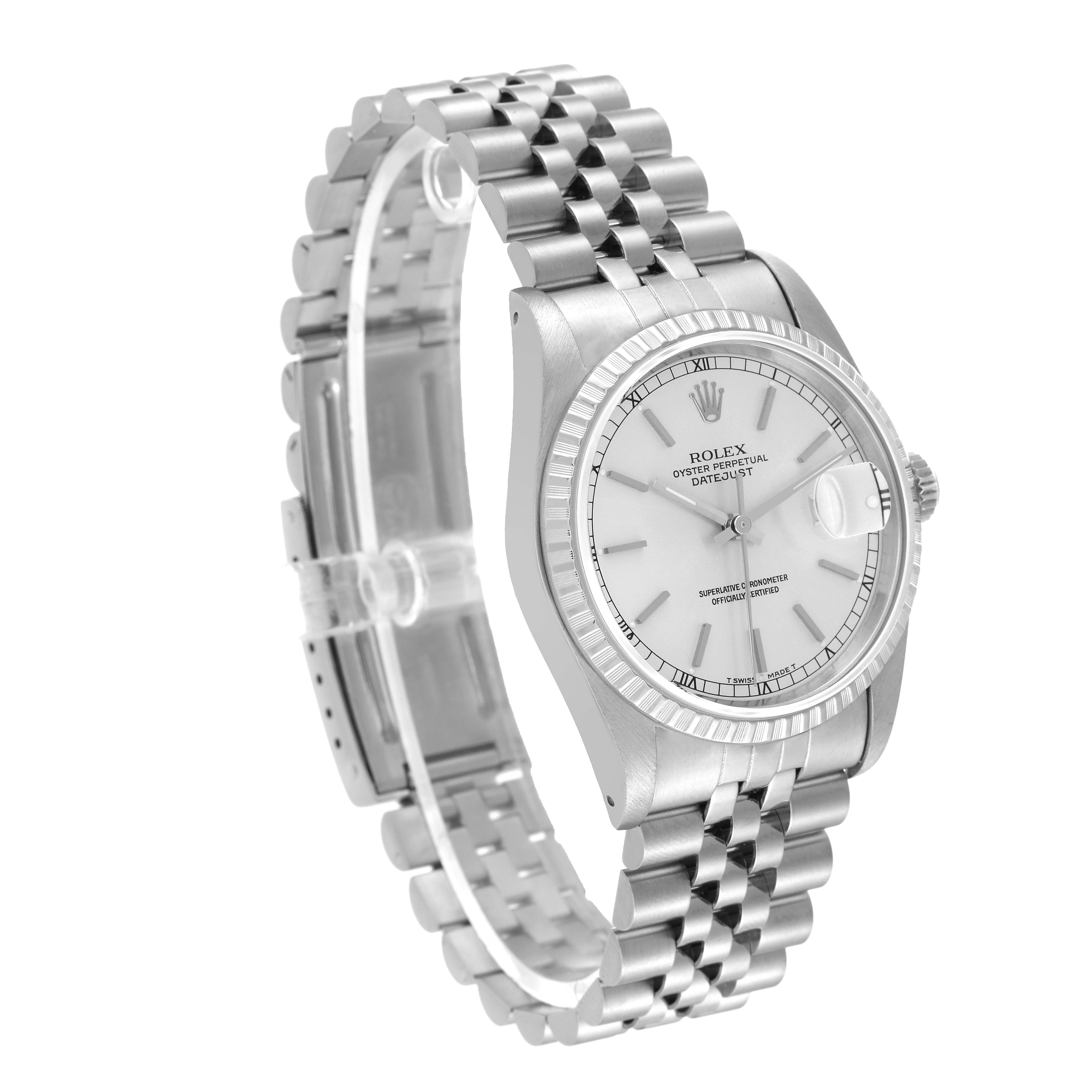 The image shows a side and front view of a Rolex Datejust 16220 Men's Stainless Steel Silver Dial 16220 Men's Stainless Steel Silver Dial watch, highlighting its bracelet, dial, case, and bezel.