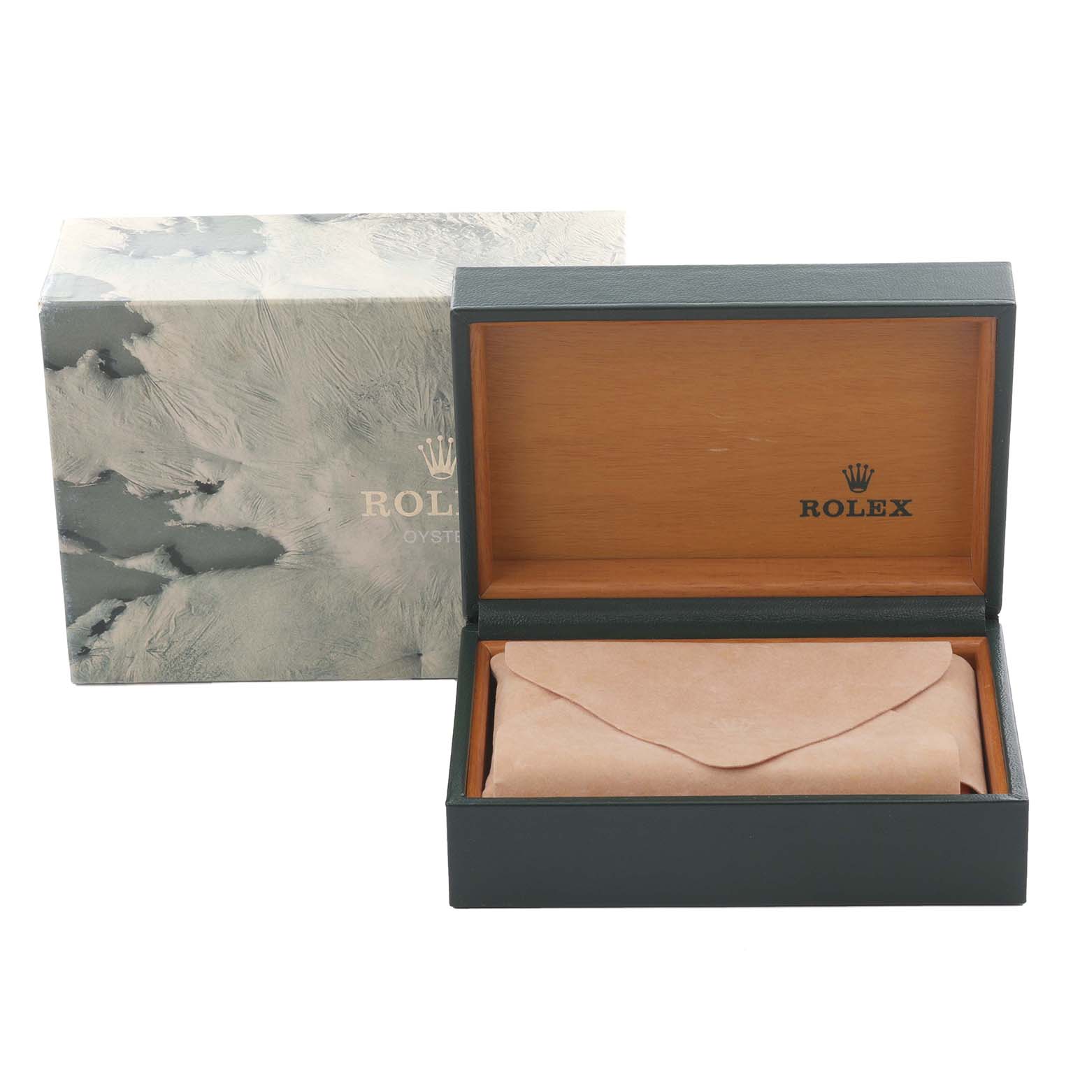 The image shows a Rolex Datejust 16013 Men's Steel and Gold (two tone) Silver Dial 16013 Men's Steel and Gold (two tone) Silver Dial box set with an open wood-finish case and an outer green and gray textured box.