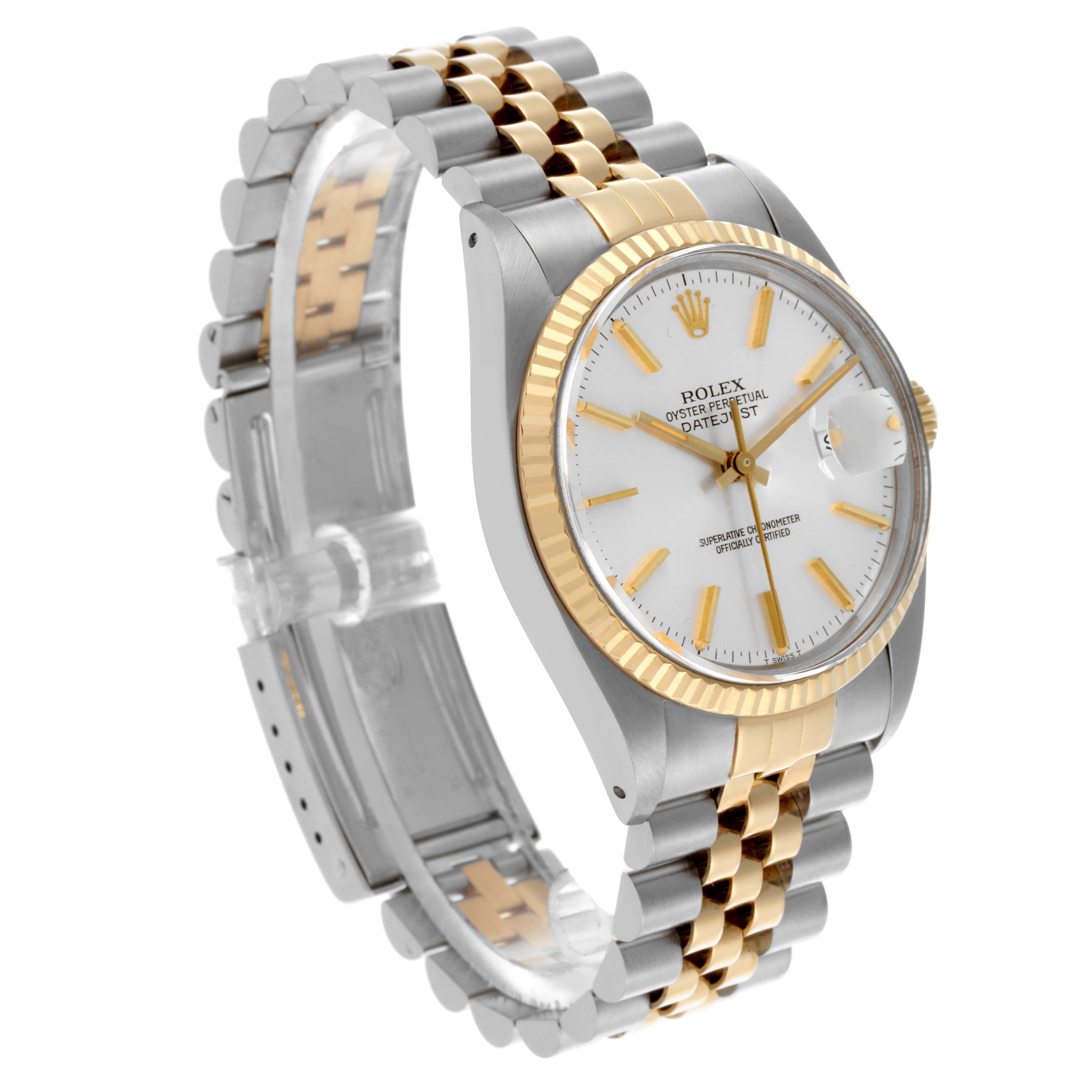 The Rolex Datejust 16013 Men's Steel and Gold (two tone) Silver Dial 16013 Men's Steel and Gold (two tone) Silver Dial watch is shown at a three-quarter angle, highlighting the dial, case, fluted bezel, and two-tone Jubilee bracelet.