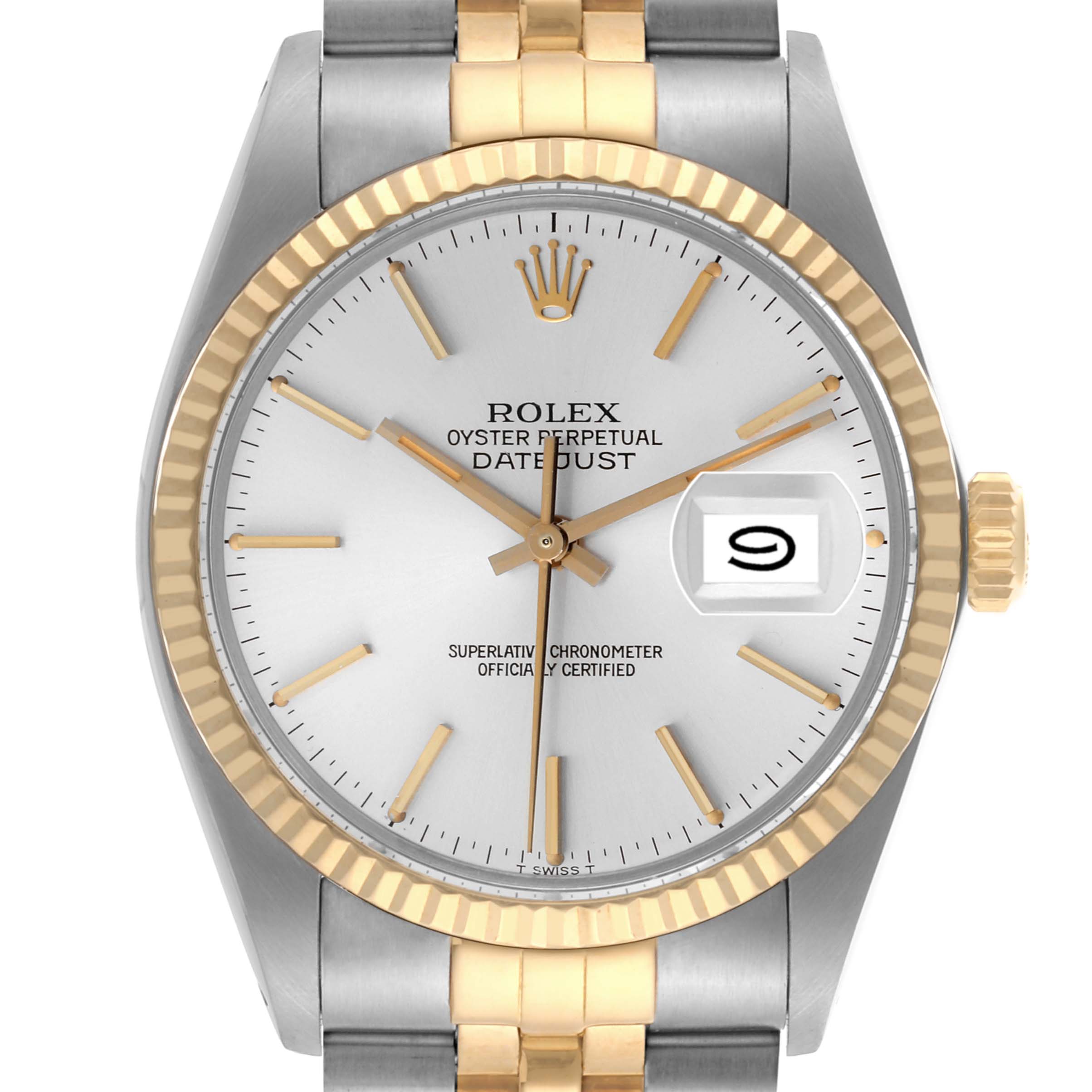 The Rolex Datejust 16013 Men's Steel and Gold (two tone) Silver Dial 16013 Men's Steel and Gold (two tone) Silver Dial watch is shown from the front, displaying the dial, date window, bezel, and part of the bracelet.
