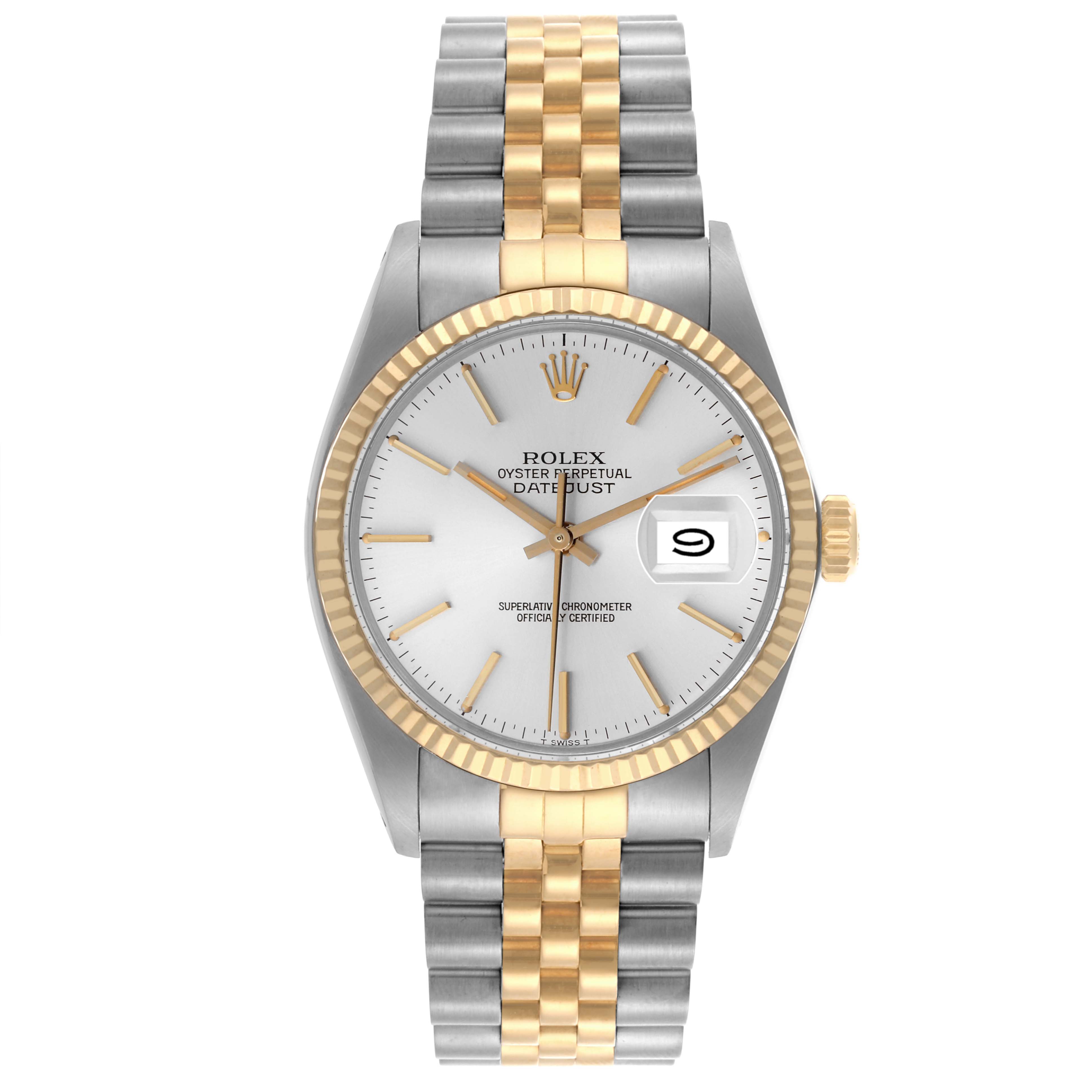 The Rolex Datejust 16013 Men's Steel and Gold (two tone) Silver Dial 16013 Men's Steel and Gold (two tone) Silver Dial watch is shown from the front, featuring the dial, bezel, and two-tone bracelet.