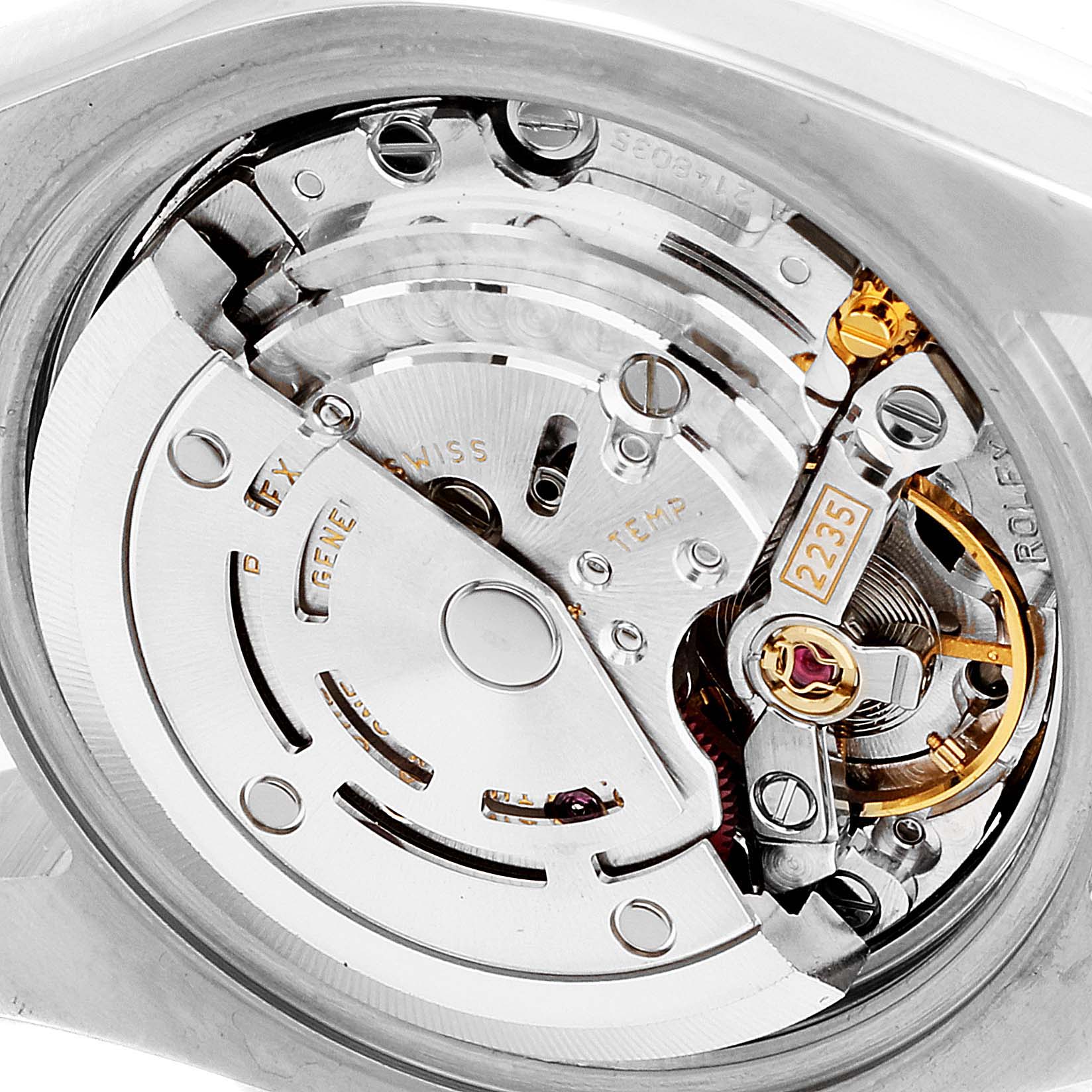 The image shows a detailed close-up of the movement mechanism of a Rolex Datejust 179174 Women's Stainless Steel Mother of Pearl Dial 179174 Women's Stainless Steel Mother of Pearl Dial watch from the back.