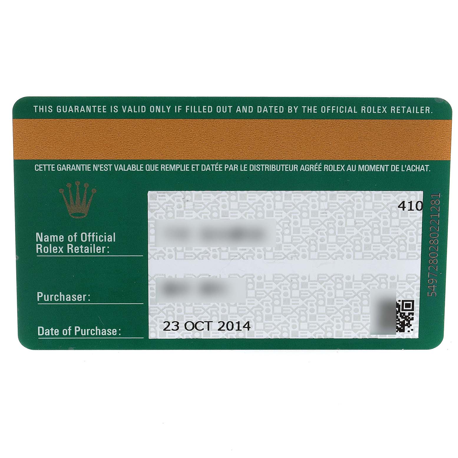 This is an official warranty card for the Rolex Datejust 179174 Women's Stainless Steel Mother of Pearl Dial 179174 Women's Stainless Steel Mother of Pearl Dial model, displaying purchase details and retailer information.