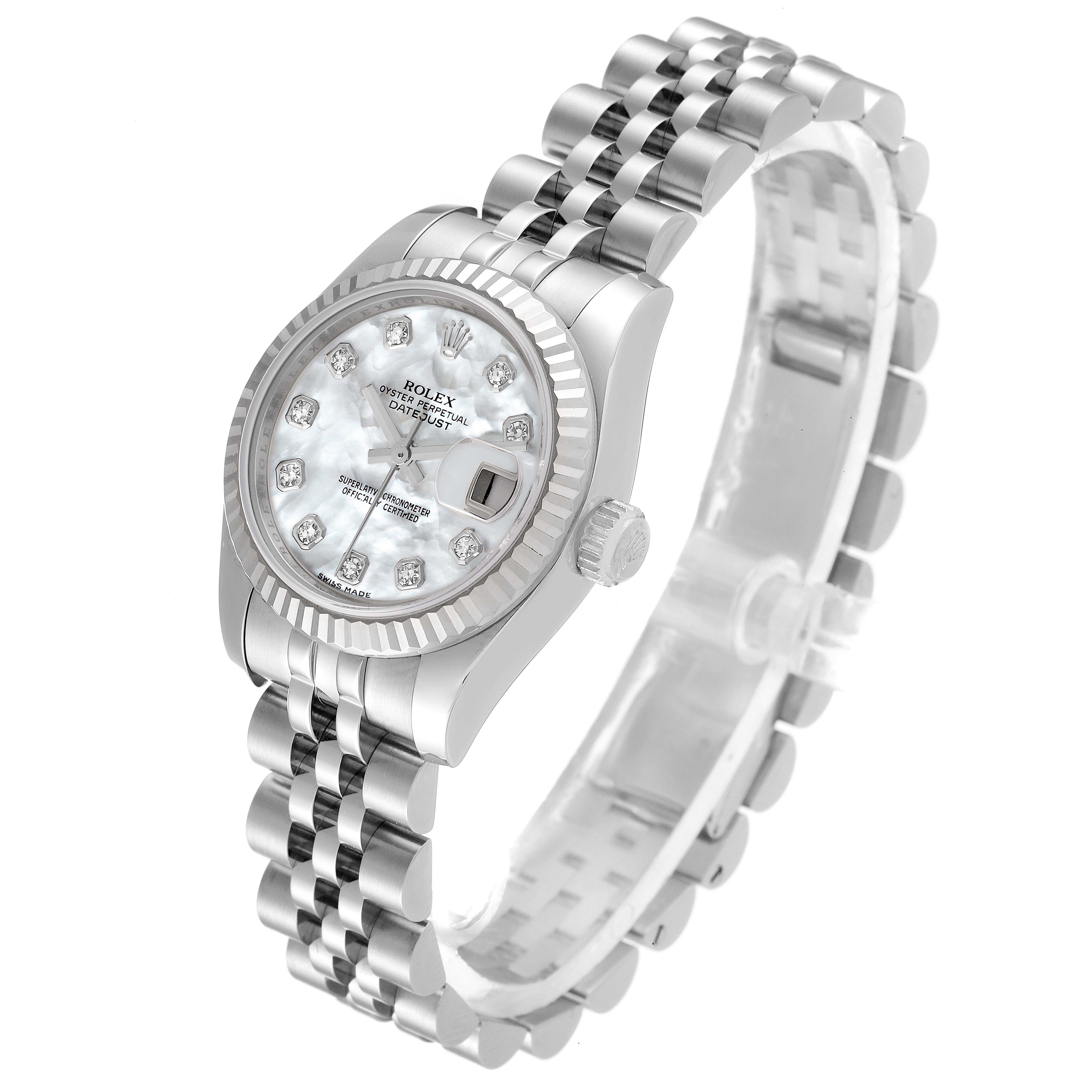 The Rolex Datejust 179174 Women's Stainless Steel Mother of Pearl Dial 179174 Women's Stainless Steel Mother of Pearl Dial watch is shown at a three-quarter angle, highlighting its face, bezel, crown, and linked bracelet.