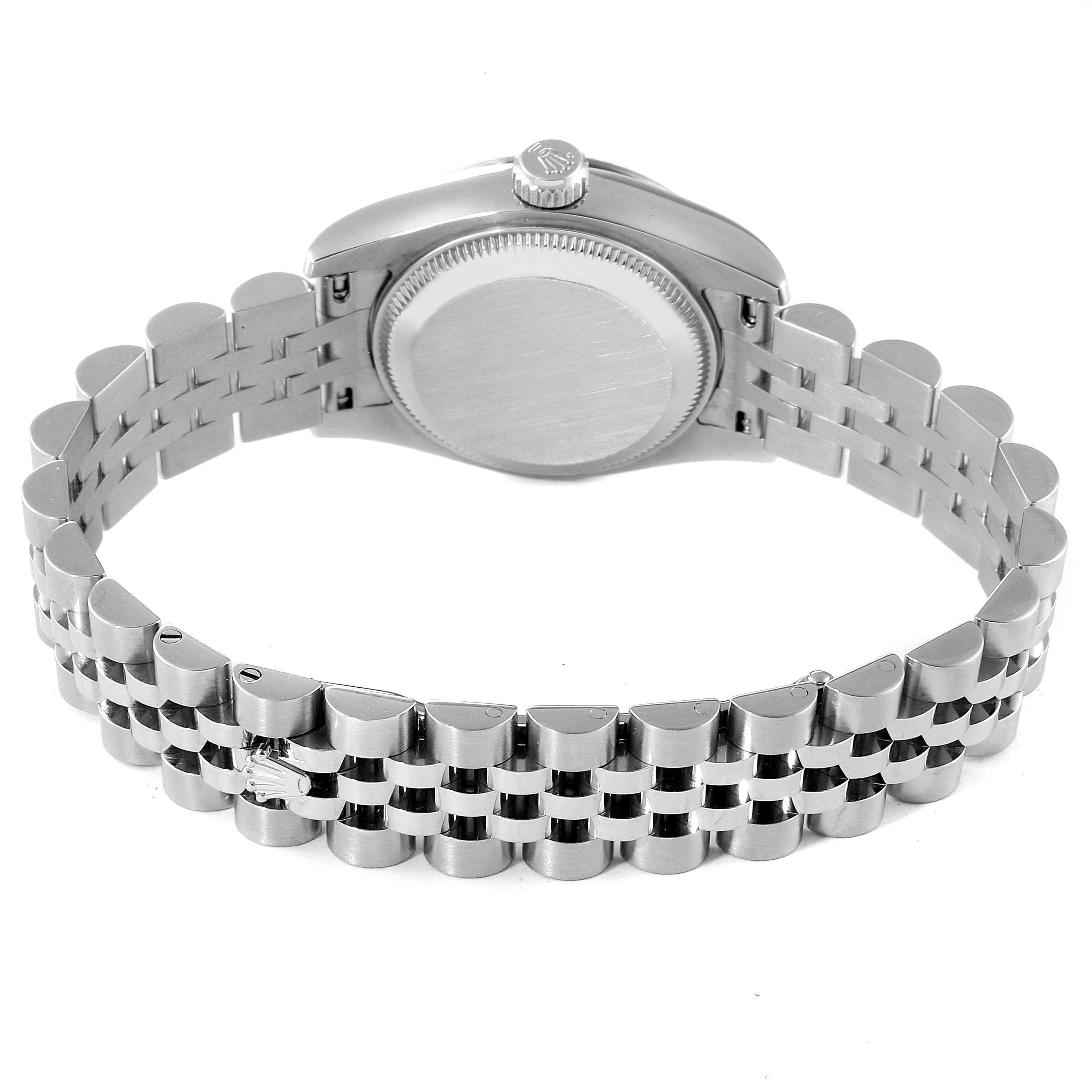 The image shows the back and partially the bracelet of the Rolex Datejust 179174 Women's Stainless Steel Mother of Pearl Dial 179174 Women's Stainless Steel Mother of Pearl Dial watch.