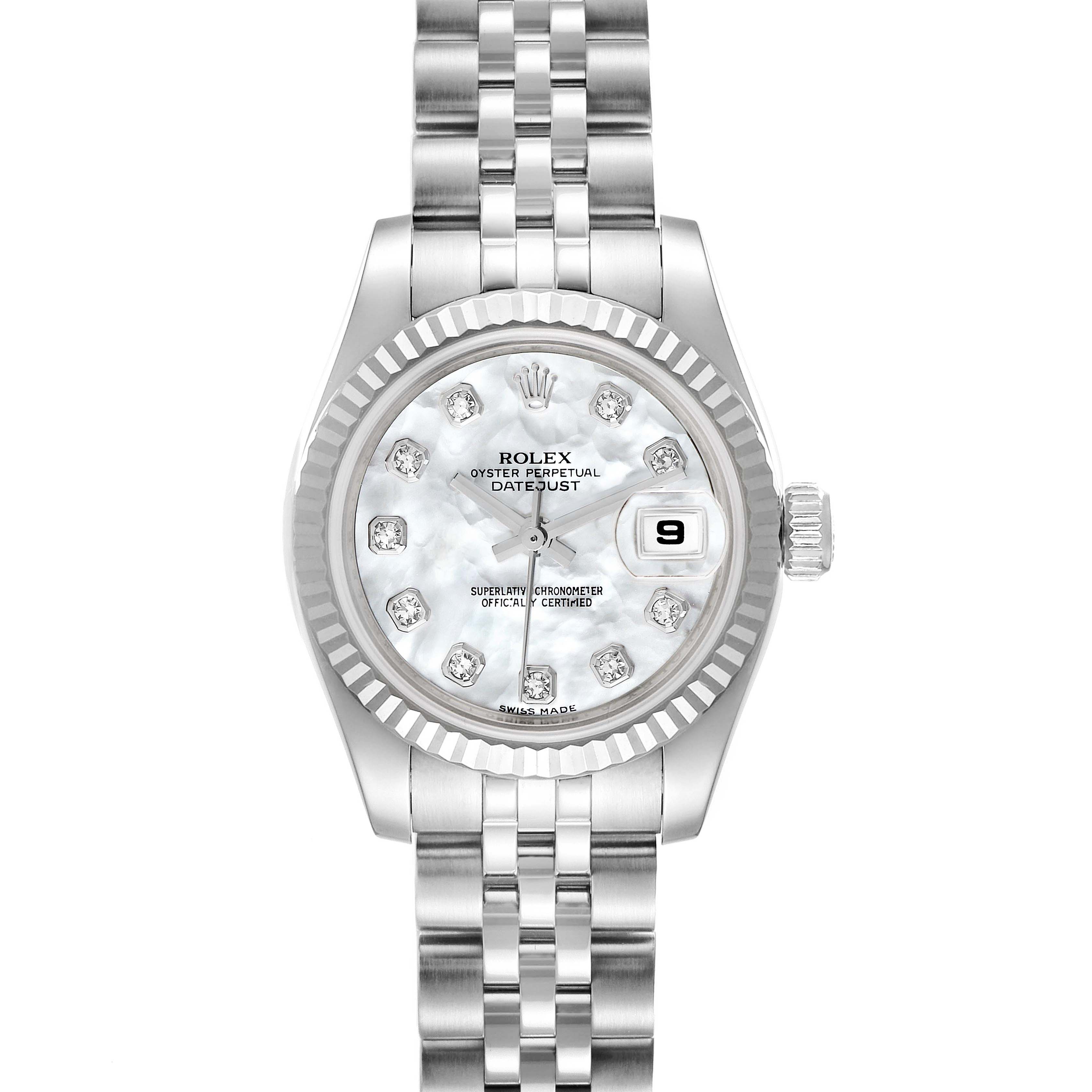 The image shows a Rolex Datejust 179174 Women's Stainless Steel Mother of Pearl Dial 179174 Women's Stainless Steel Mother of Pearl Dial watch from a front angle, displaying its dial, bezel, and bracelet.