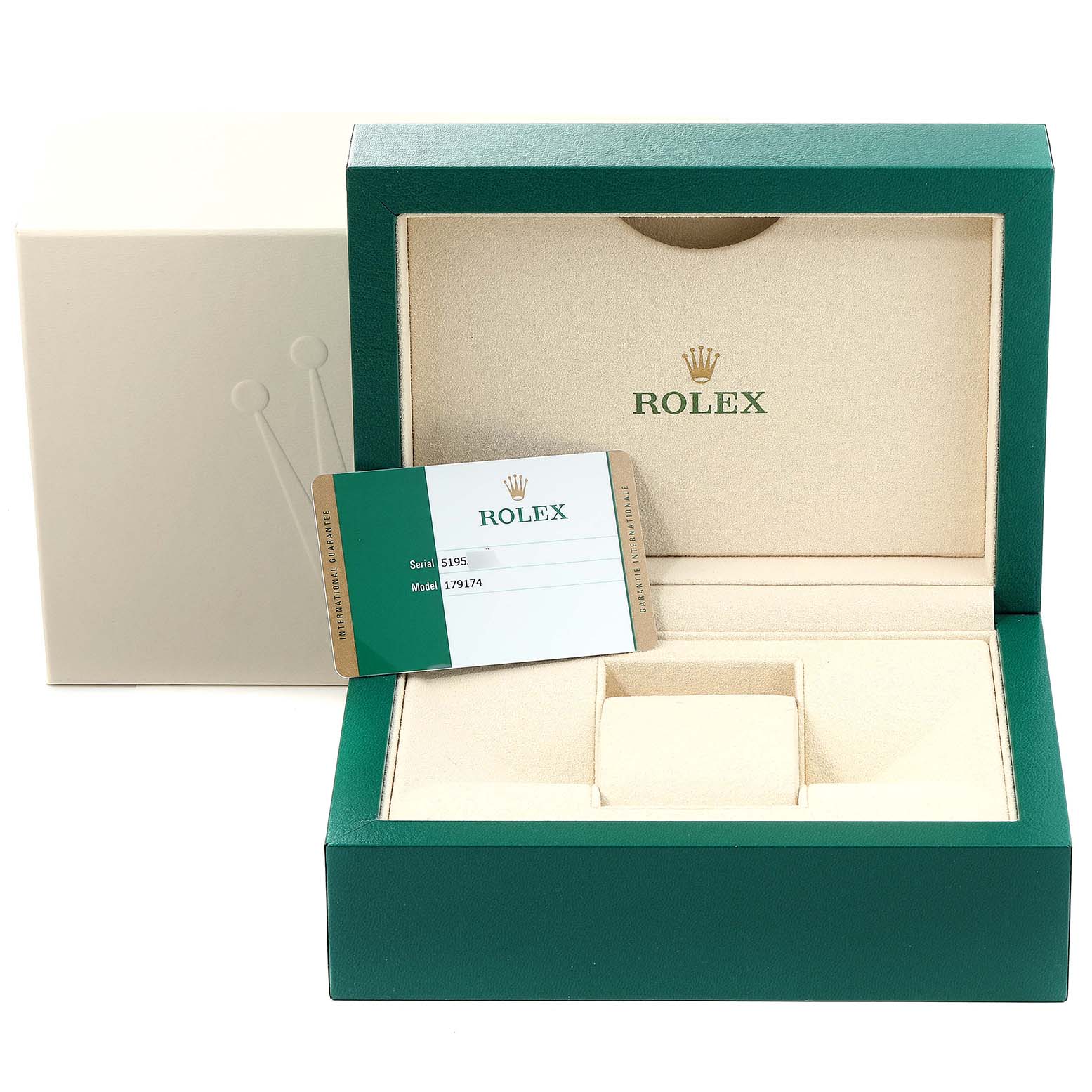 This image shows the opened box and warranty card for a Rolex Datejust 179174 Women's Stainless Steel Mother of Pearl Dial 179174 Women's Stainless Steel Mother of Pearl Dial model.
