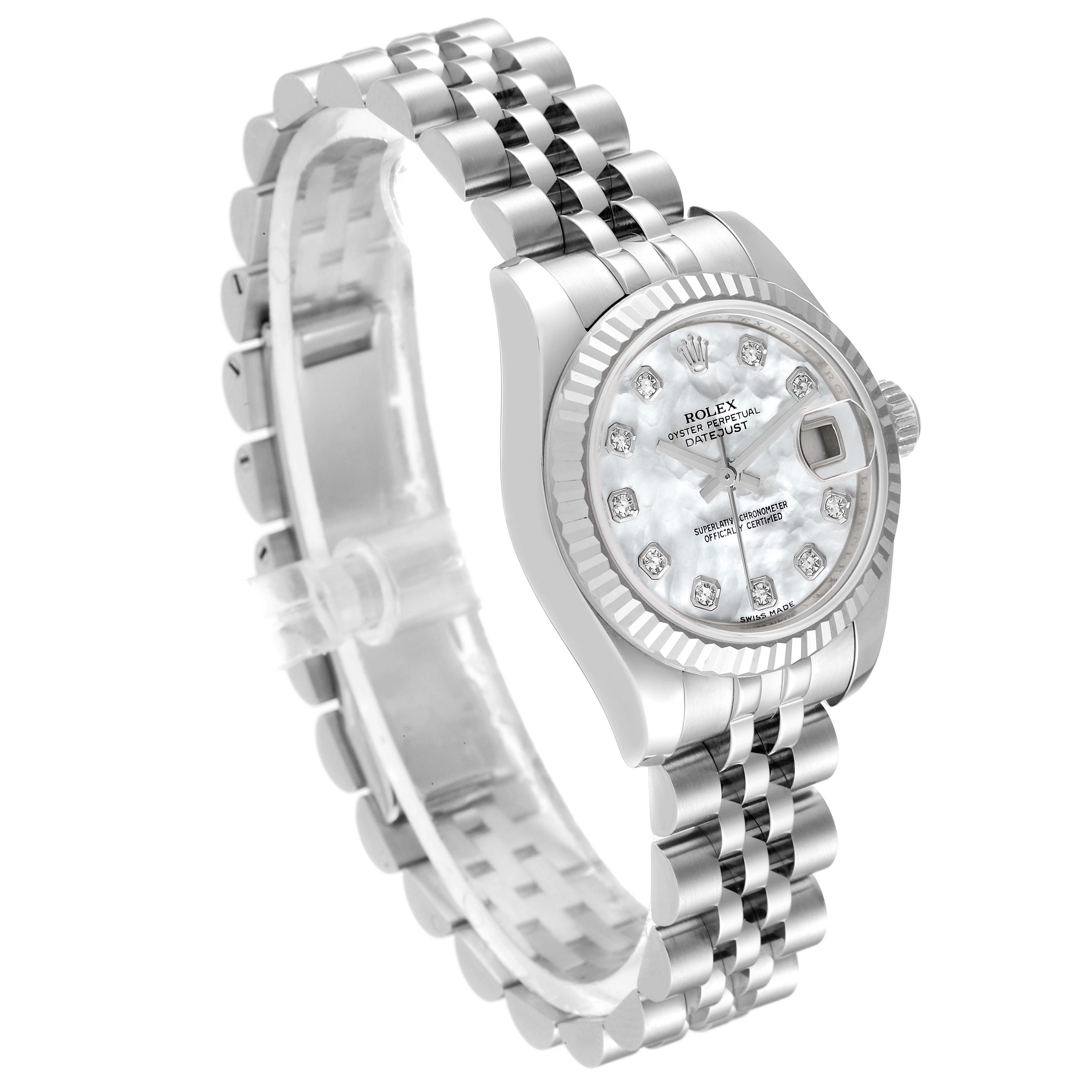 The Rolex Datejust 179174 Women's Stainless Steel Mother of Pearl Dial 179174 Women's Stainless Steel Mother of Pearl Dial watch is shown at a side angle, highlighting its face, bezel, and jubilee bracelet.