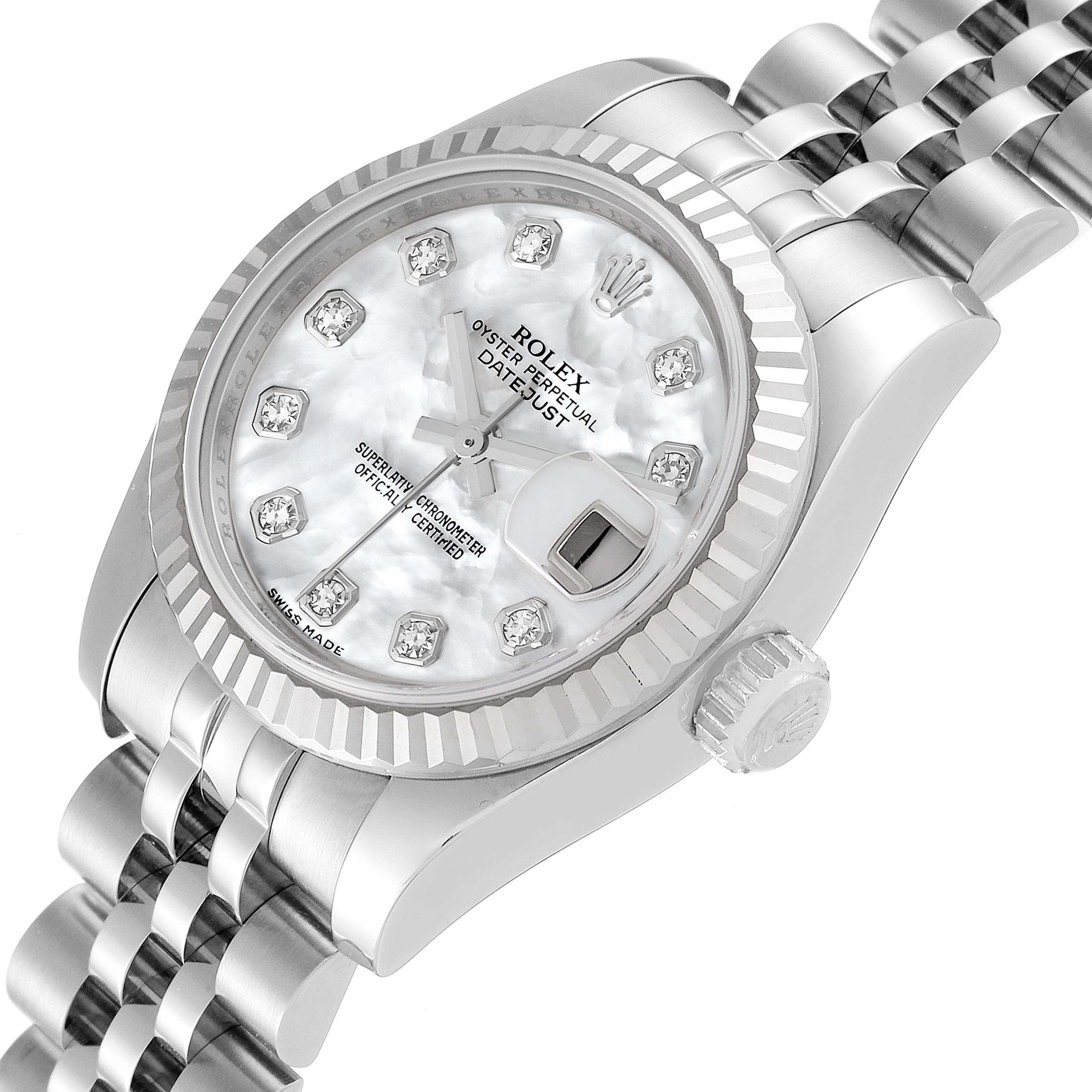 The image shows a Rolex Datejust 179174 Women's Stainless Steel Mother of Pearl Dial 179174 Women's Stainless Steel Mother of Pearl Dial watch from a three-quarter angle, highlighting the dial, bezel, crown, and part of the bracelet.