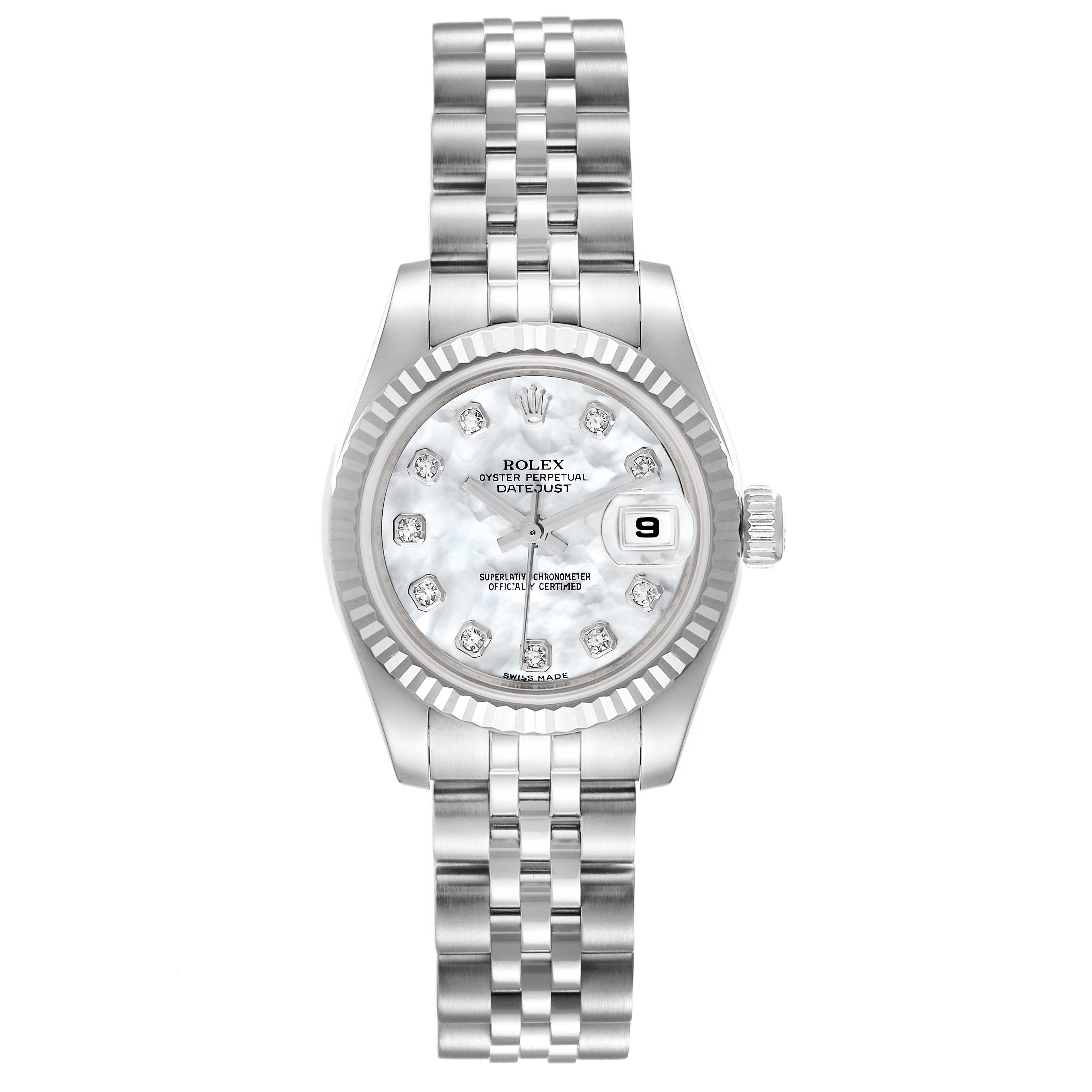 The image shows a Rolex Datejust 179174 Women's Stainless Steel Mother of Pearl Dial 179174 Women's Stainless Steel Mother of Pearl Dial watch from a front view, displaying its face, bezel, and bracelet.