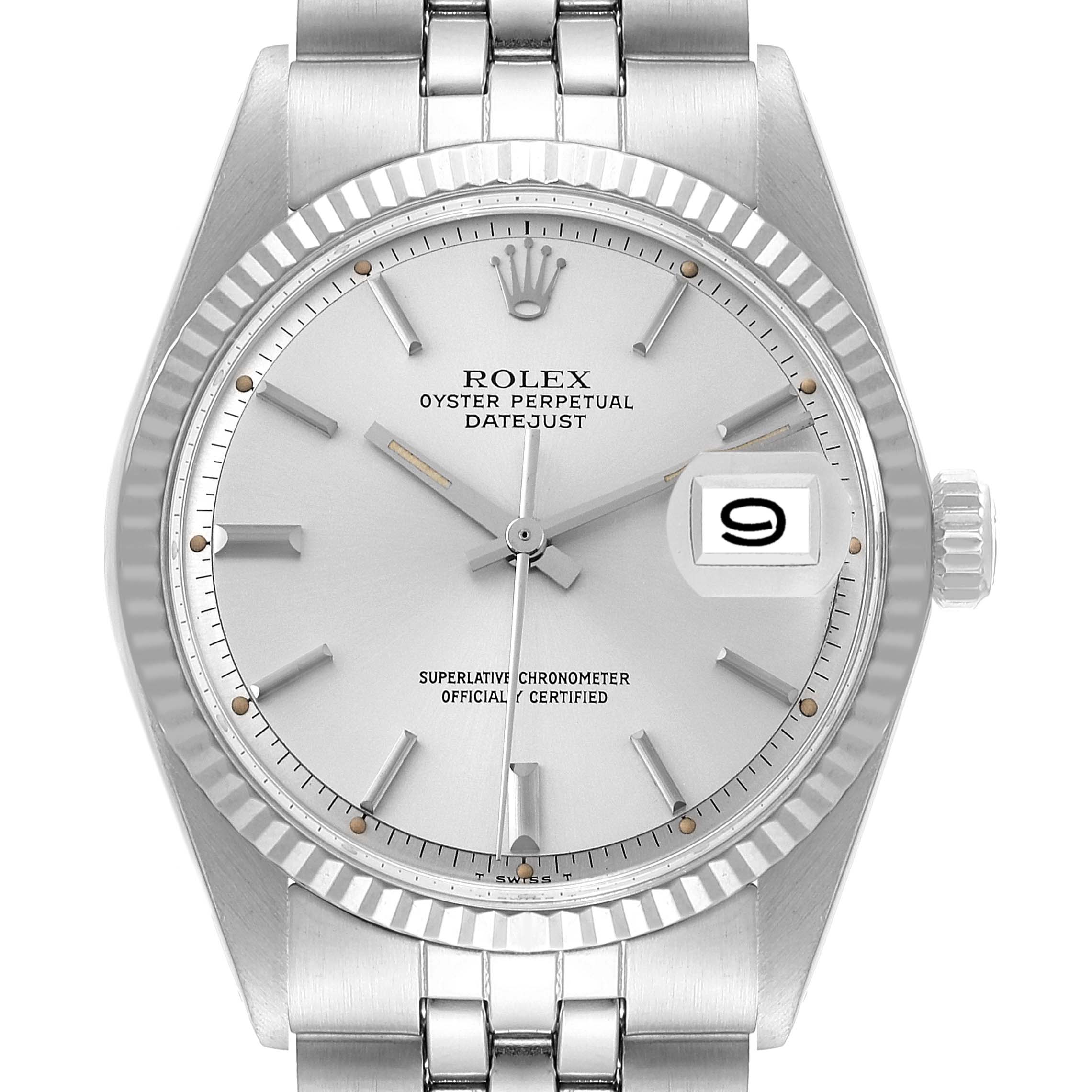 This Rolex Vintage Collection 1601 Men's Stainless Steel Silver Dial 1601 Men's Stainless Steel Silver Dial model displays a frontal view, showcasing the dial, bezel, crown, and part of the bracelet.