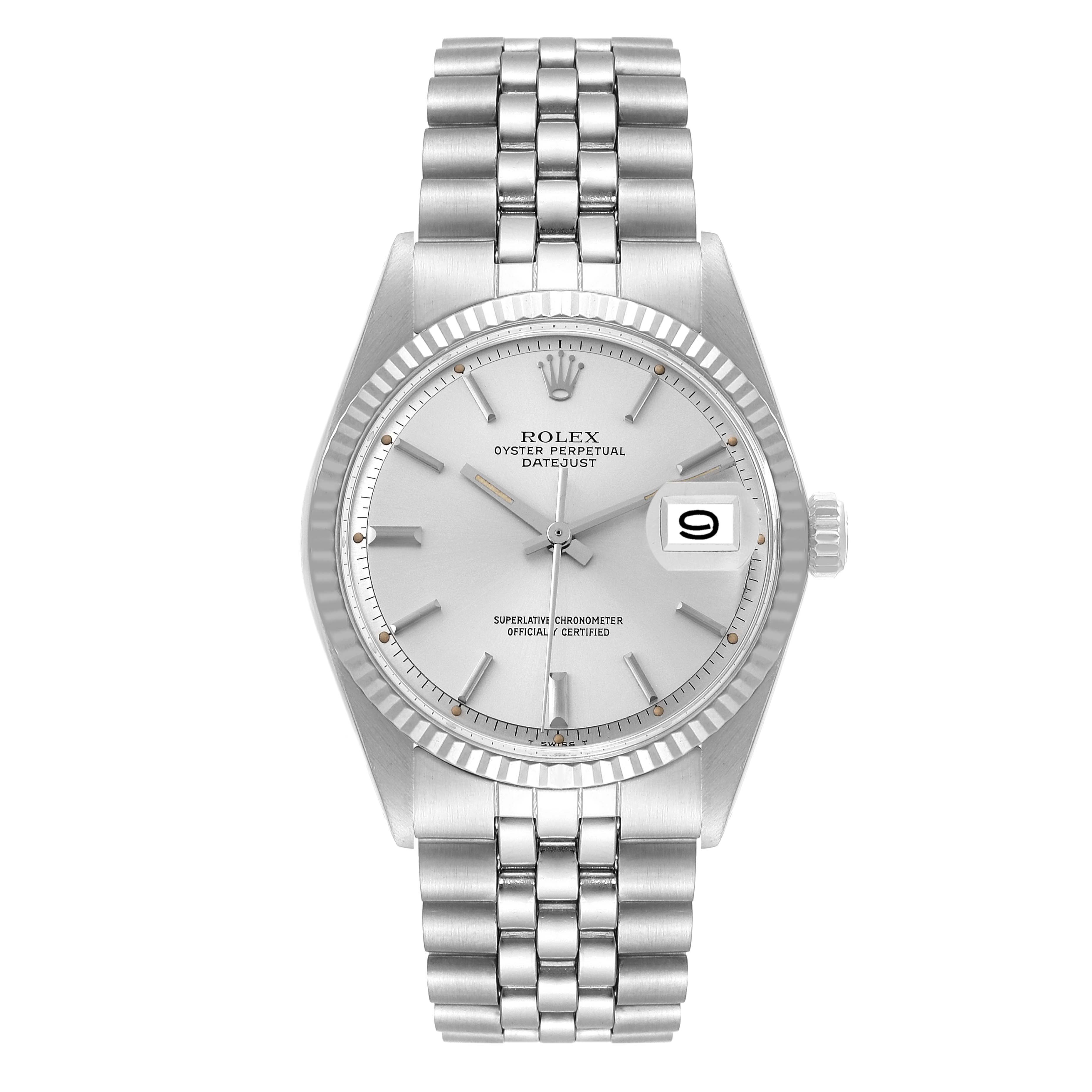 The image shows a front view of the Rolex Vintage Collection 1601 Men's Stainless Steel Silver Dial 1601 Men's Stainless Steel Silver Dial Datejust watch, displaying its face, bezel, crown, and bracelet.