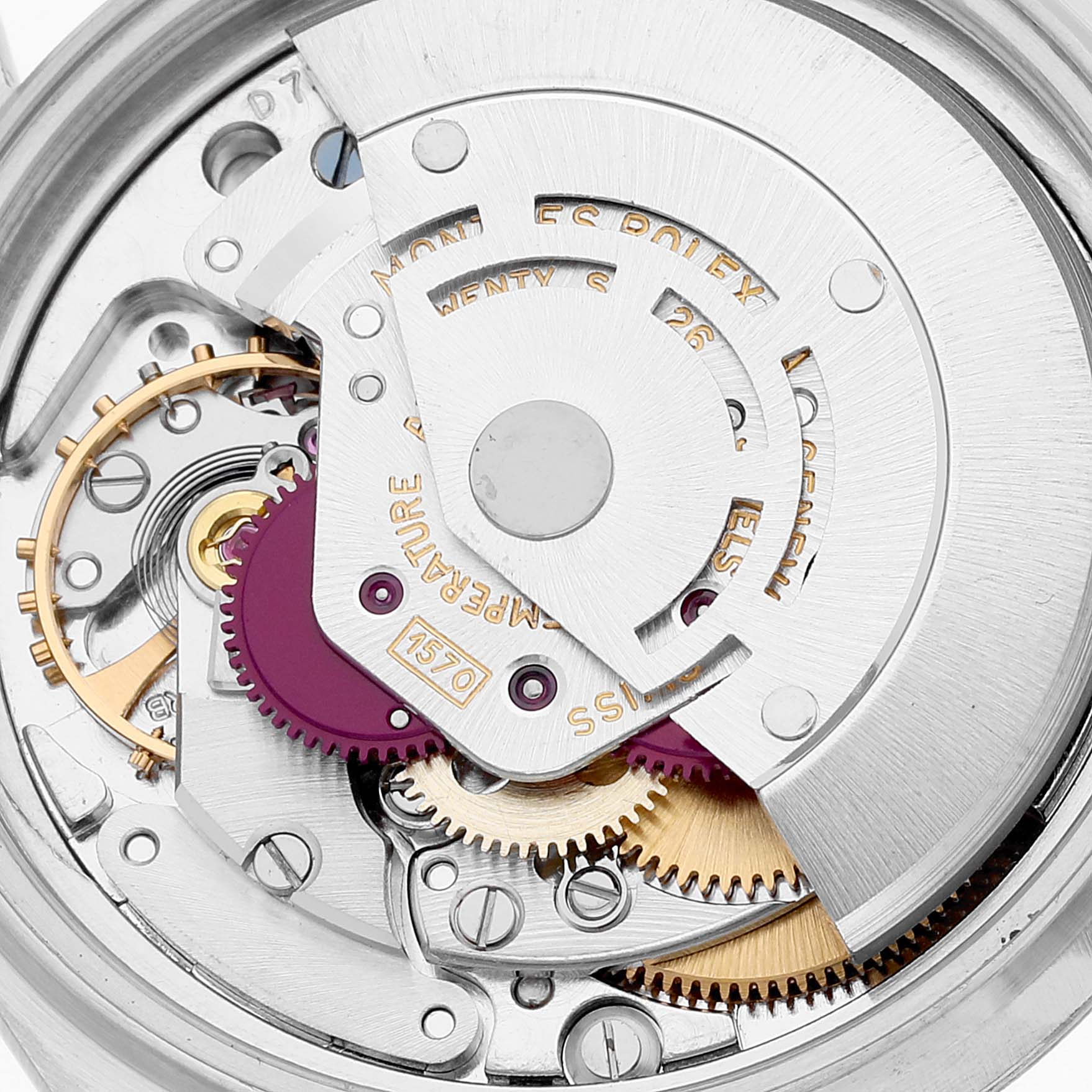 The image shows a close-up view of the movement and inner workings of a Rolex Vintage Collection 1601 Men's Stainless Steel Silver Dial 1601 Men's Stainless Steel Silver Dial model watch.
