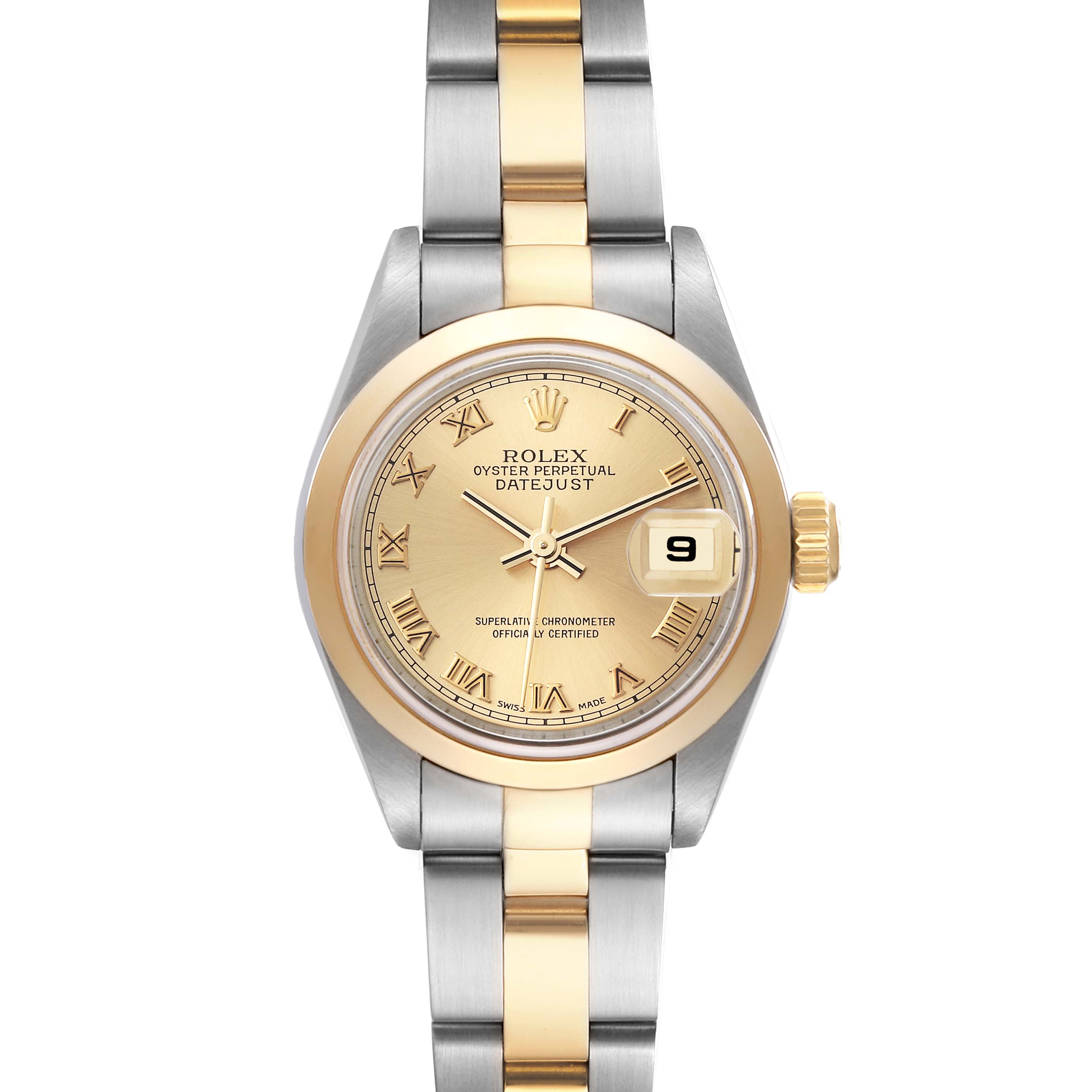 This is a front view of a Rolex Datejust 79163 Women's Steel and Gold (two tone) Champagne Dial 79163 Women's Steel and Gold (two tone) Champagne Dial watch, showcasing the dial, bezel, crown, and bracelet.