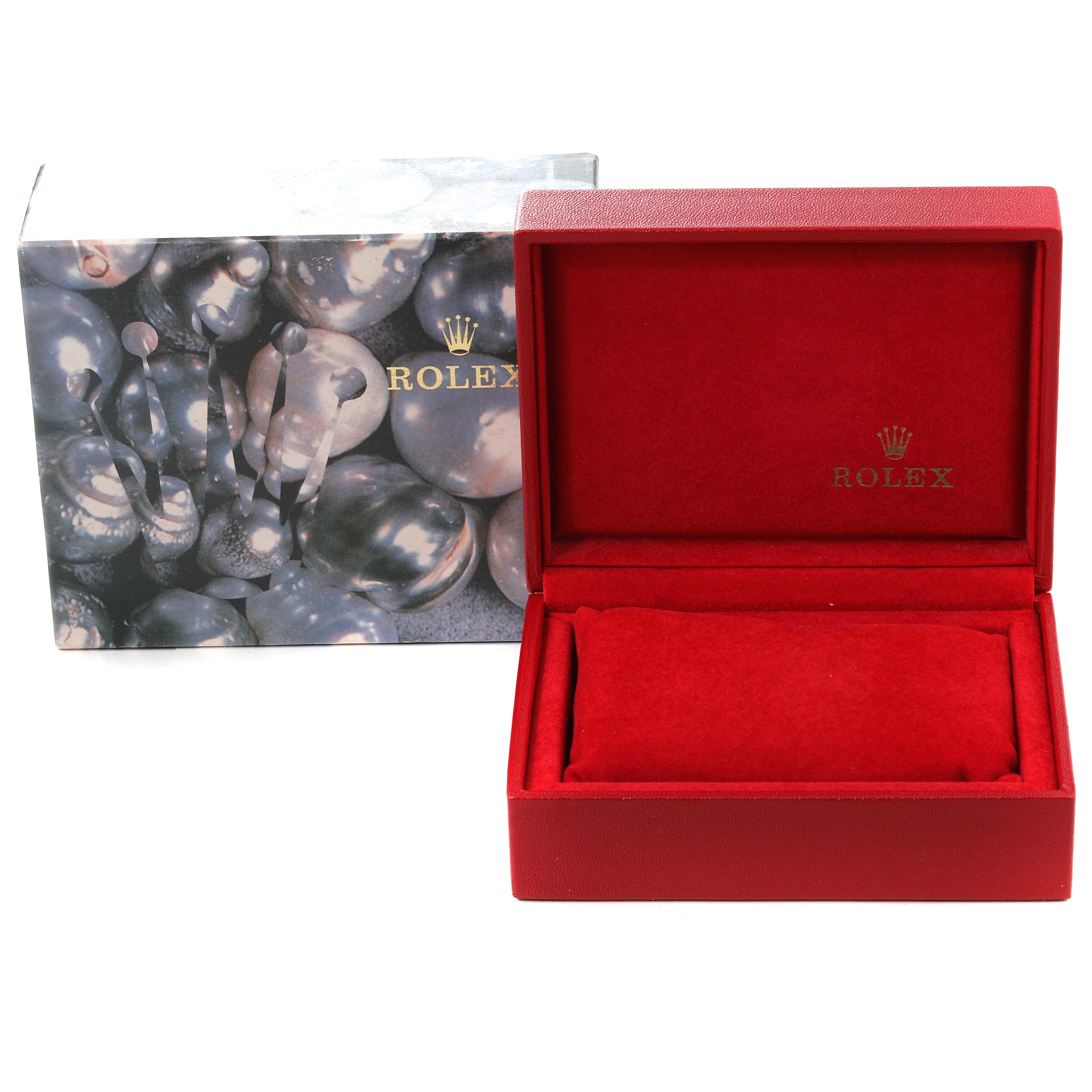 The image shows an empty red Rolex Datejust 79163 Women's Steel and Gold (two tone) Champagne Dial 79163 Women's Steel and Gold (two tone) Champagne Dial watch box and its outer packaging.