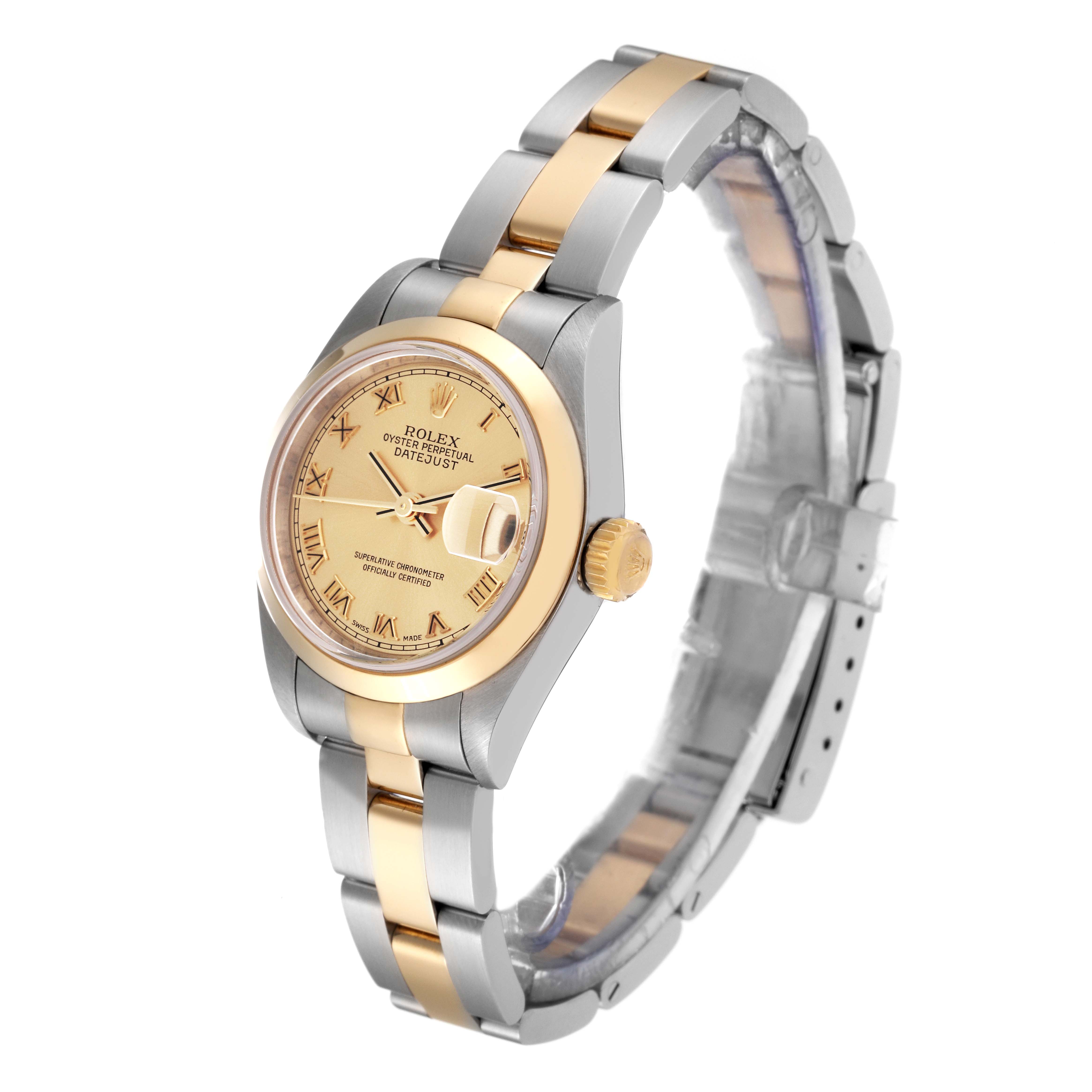 The image displays a Rolex Datejust 79163 Women's Steel and Gold (two tone) Champagne Dial 79163 Women's Steel and Gold (two tone) Champagne Dial watch at an angled side view, highlighting its gold and silver two-tone band and dial.