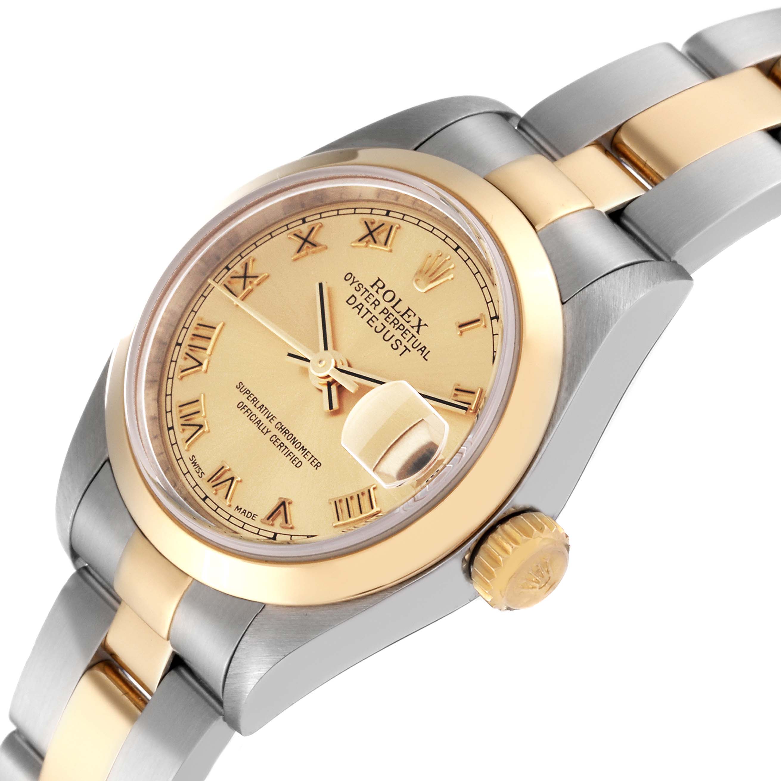This image shows a close-up angled view of the Rolex Datejust 79163 Women's Steel and Gold (two tone) Champagne Dial 79163 Women's Steel and Gold (two tone) Champagne Dial model, highlighting the dial, bezel, and bracelet.
