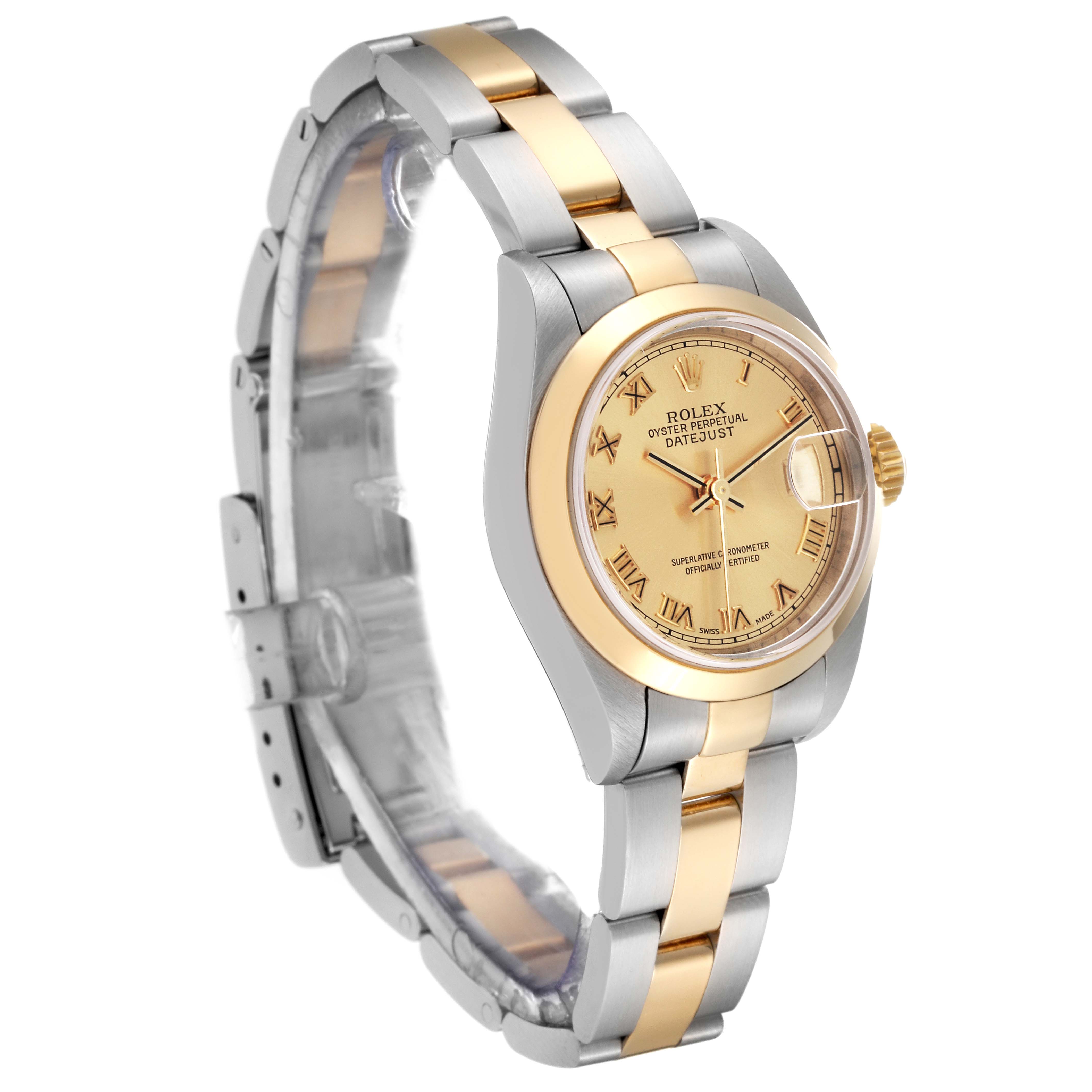 This image shows a Rolex Datejust 79163 Women's Steel and Gold (two tone) Champagne Dial 79163 Women's Steel and Gold (two tone) Champagne Dial watch in a three-quarter angle, featuring a two-tone silver and gold bracelet and a champagne dial.